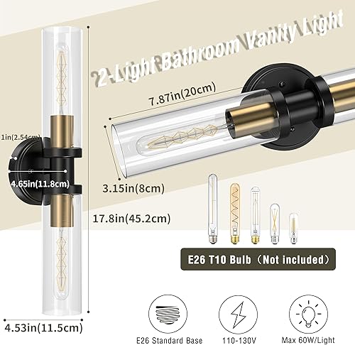Miniatura 2 de Espird Lámparas de baño de 2 luces negras y doradas, luces de tocador de baño sobre espejo, apliques de pared, iluminación industrial de baño,