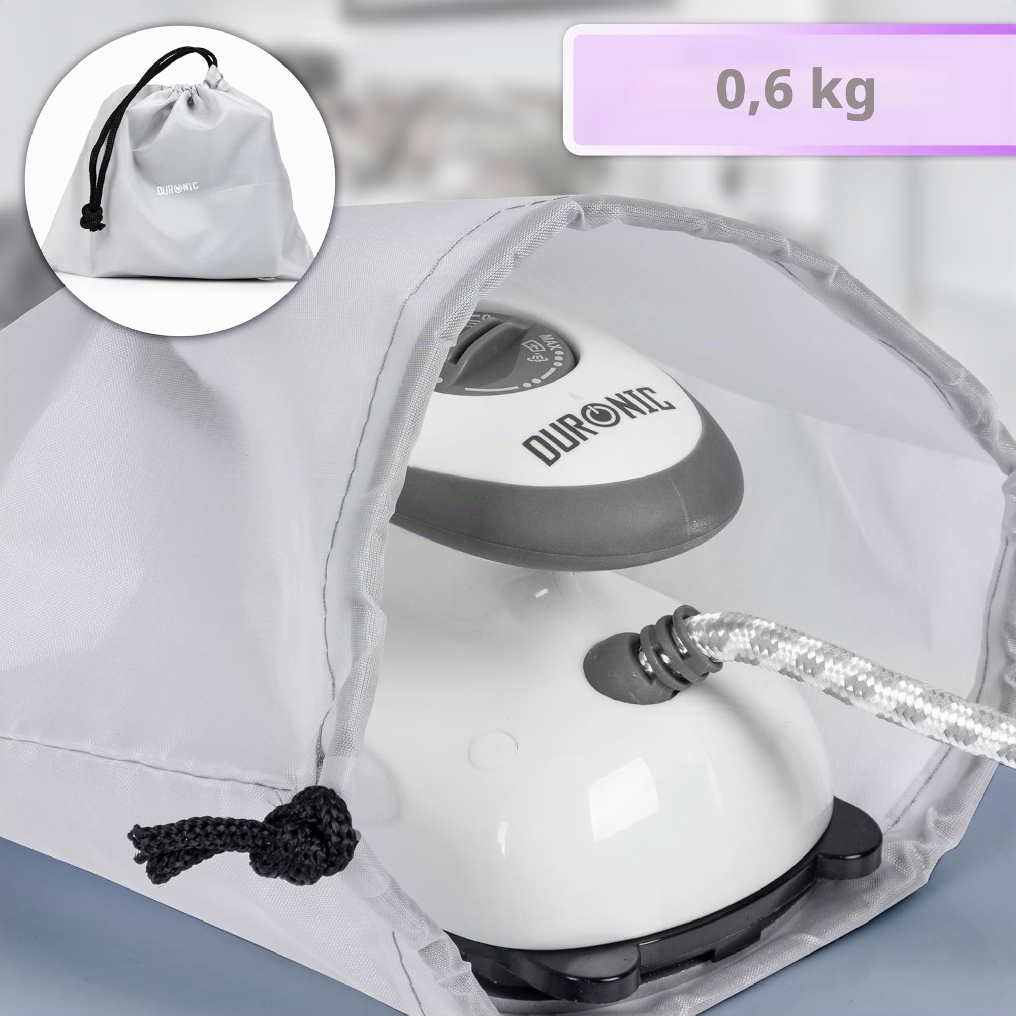 Duronic SI2 WE Mini Ferro da Stiro, Ferro da viaggio a vapore 375 W, Serbatoio 50ml, Steamer portatile con spazzola e borsello da viaggio, Ferro a vapore per lavori di cucito, quilting, Bianco