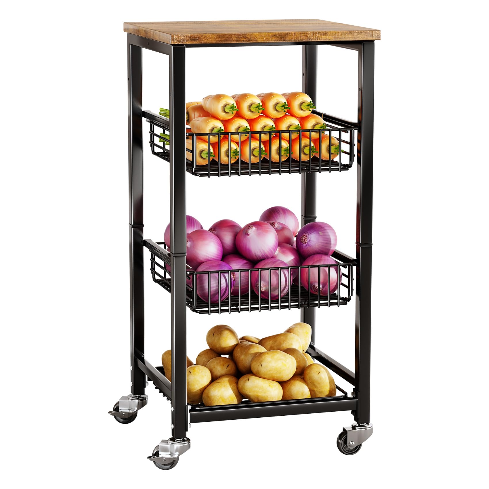 FSLGWRK Kitchen Storage Cart with Wood Top - Pull Out Drawer Organizer Basket for Pantry Containers Fruit Vegetable, Black
