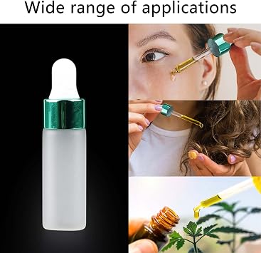 Kesell 50 Pack Dropper Bottles 5ml Frosted Glass Sample Vials Mini Essential Oils Bottle with Dropper Perfume Cosmetic Liquid Container with 3 Funnels, Green Cap