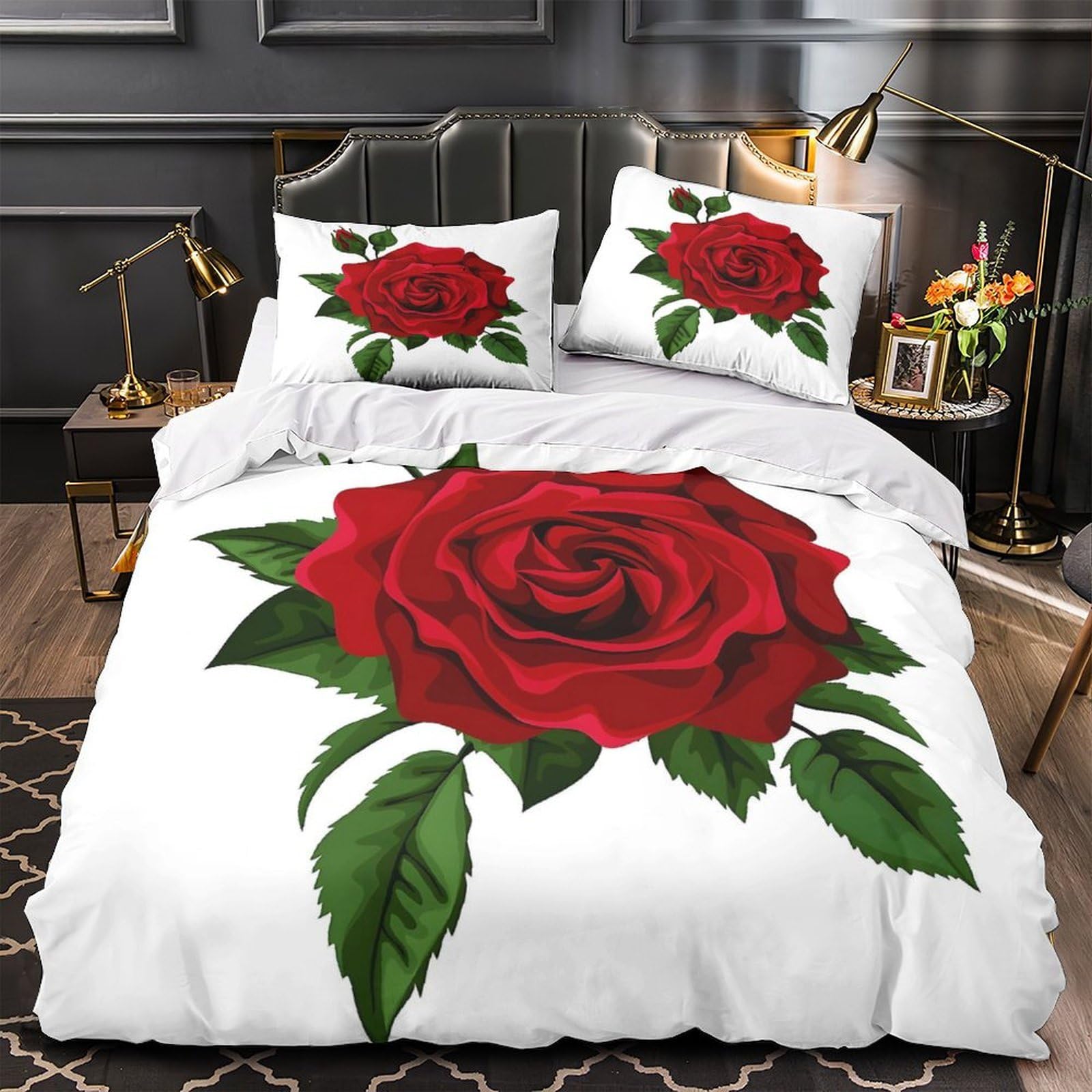 Housse de couette rose rouge 3D anti-froissement en microfibre 260x220cm facile à enfiler