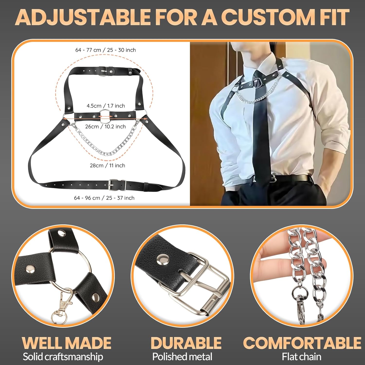 Men's PU Leather Chest Harness Belt with Chain, Adjustable Neck Harness Belt for Men, Male Punk Chest Shoulder Harness for Punk Cosplay, Muscle Show Clubwear Nightclub Stage Party Outfits X025 - Image 5