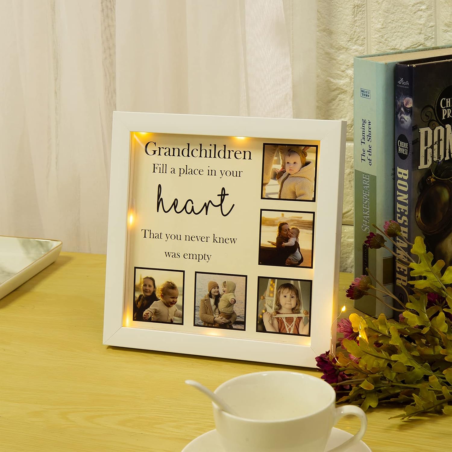 Personalized Picture Frame with Built-in LED Lights for Bedroom Living Room Decor Custom Name/Text Photo Frame Wedding Picture Frame (5 photos+text)