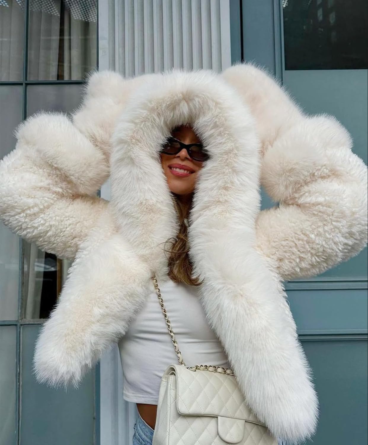 Wyeysyt Women's Faux Fur Coats with Hood Winter Warm Cropped Hoodie Jacket Long Sleeve Thick Short Outerwear with Pockets - Image 5