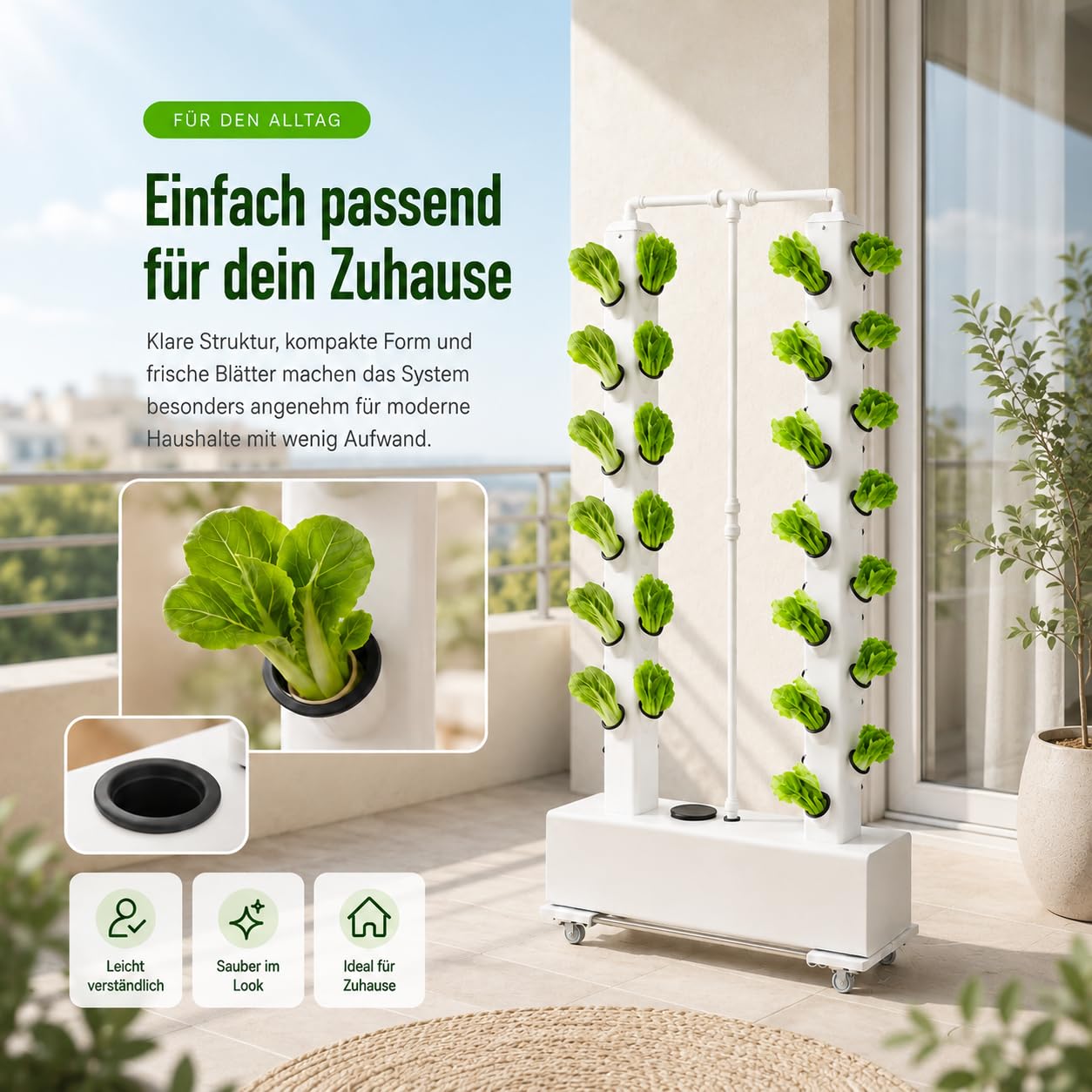 Sistema hidropónico de 56 agujeros, sistema de cultivo hidropónico vertical, torre hidropónica, riego automático, juego de hidroponía con depósito de agua de 30 l y ruedas (blanco)