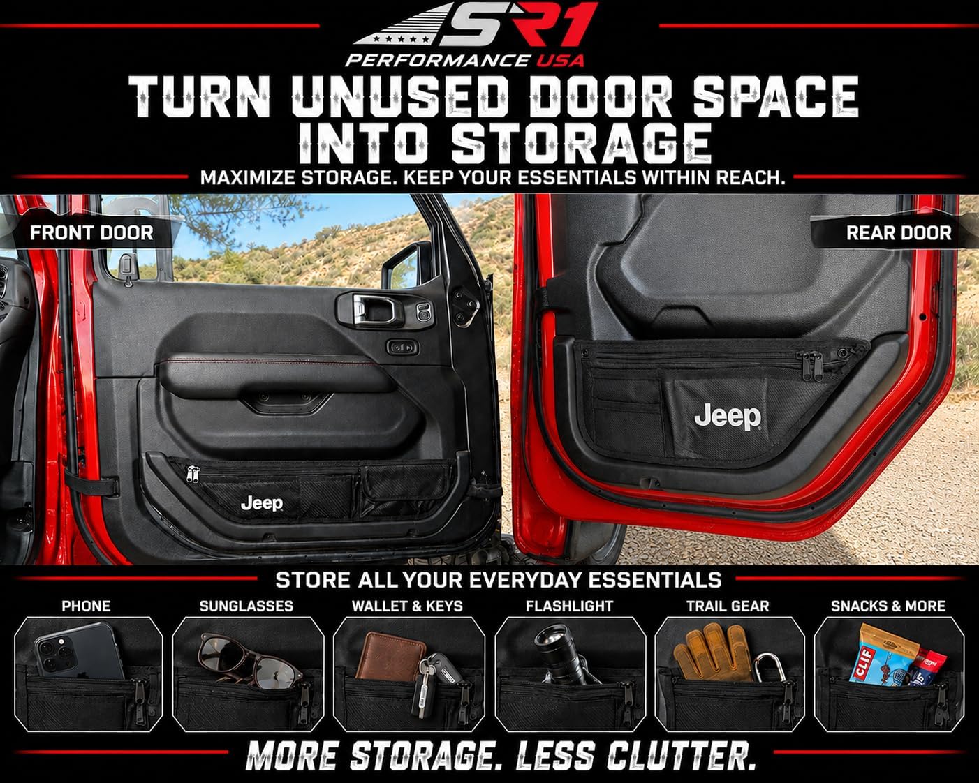 Officially Licensed Jeep Door Storage Bags for Wrangler JL 2018-2027 & Gladiator JT 2020-2027 – Carbon Fiber PU Leather Door Organizer Set, Front & Rear Door Storage Pockets, No-Drill Installation
