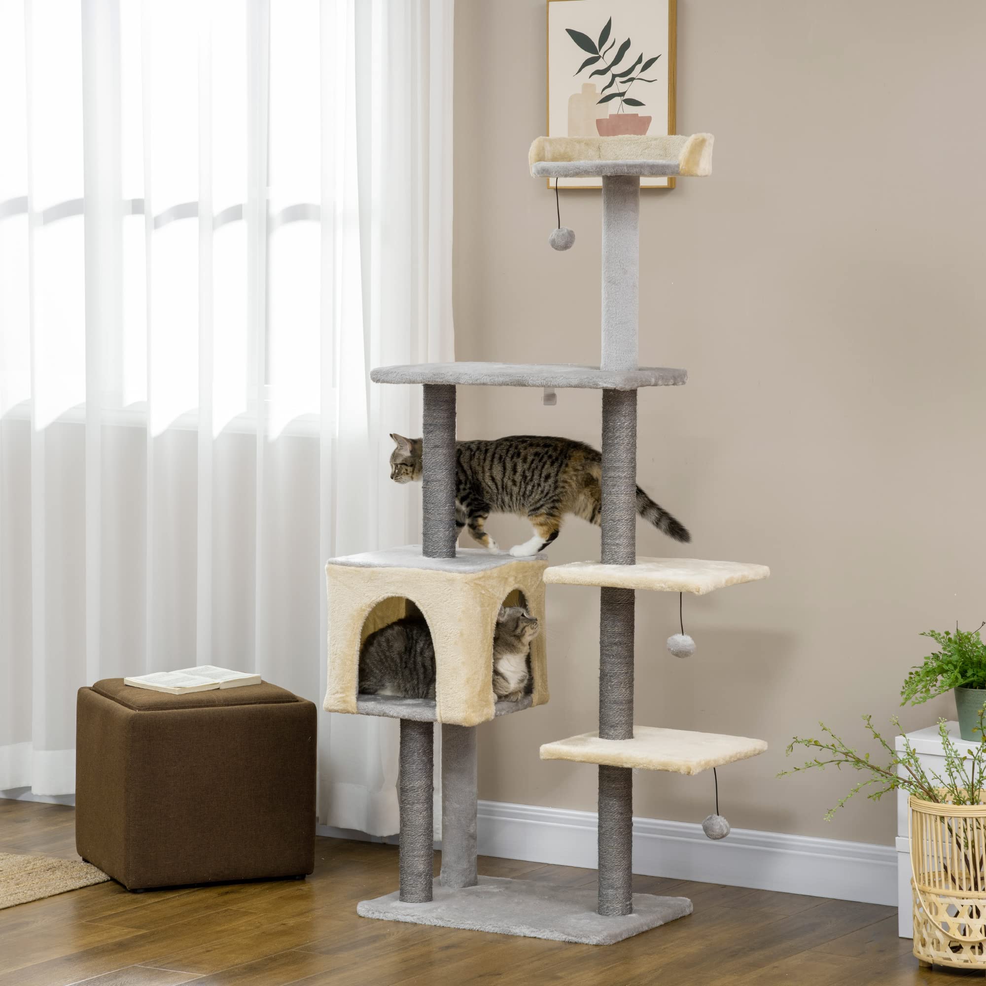 PawHut Tiragraffi per Gatti Alto 156cm con Lettino e Casetta Grigio e Beige | Pali Tiragraffi in Sisal, Legno e Peluche
