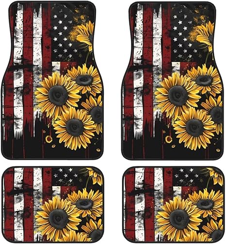 Universal Car Floor Mats with Sunflower Flag Print Vehicle Floor Protection Rugs Cool Black Red Yellow Auto Interior Accessories SUV Truck Van Auto Front Rear Floor Mats Carpet Set of 4 Pcs
