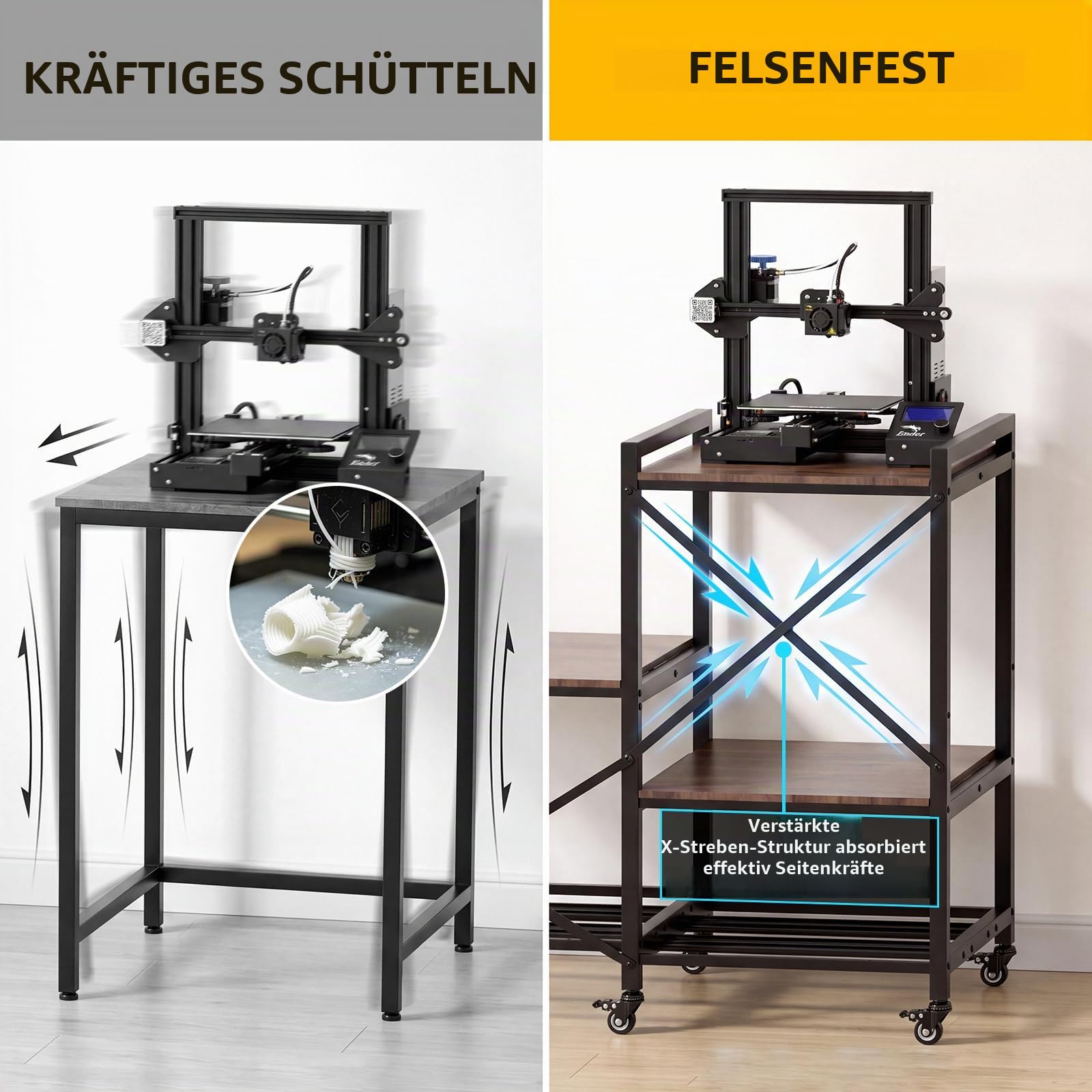 3D-Druckertisch mit Filament Regal, Schwerlast Drucker-Arbeitsstation für 3 Drucker,mit Metal-Rollen,Extrem Stabil