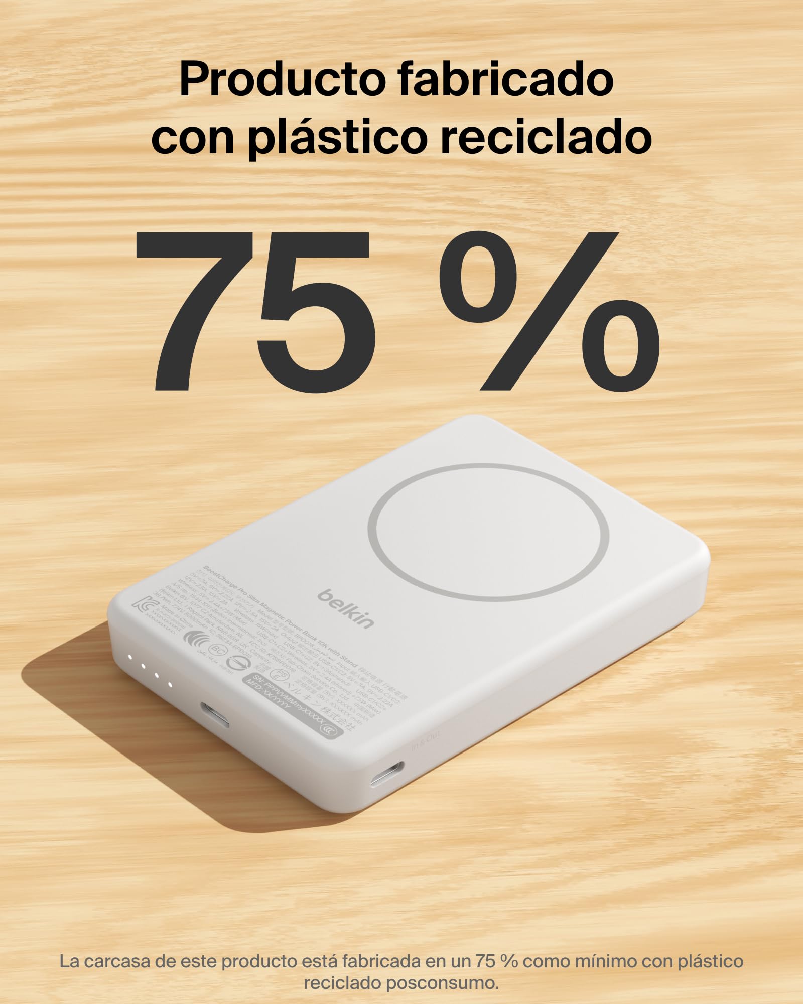 Belkin BoostCharge Batería Externa Magnética Delgada 10000mAh - Blanco | Power Bank con Soporte, Anillo Magnético, 1 Puerto USB-C, Cable Incluido, Autorizada como Equipaje de Mano, Batería Portátil