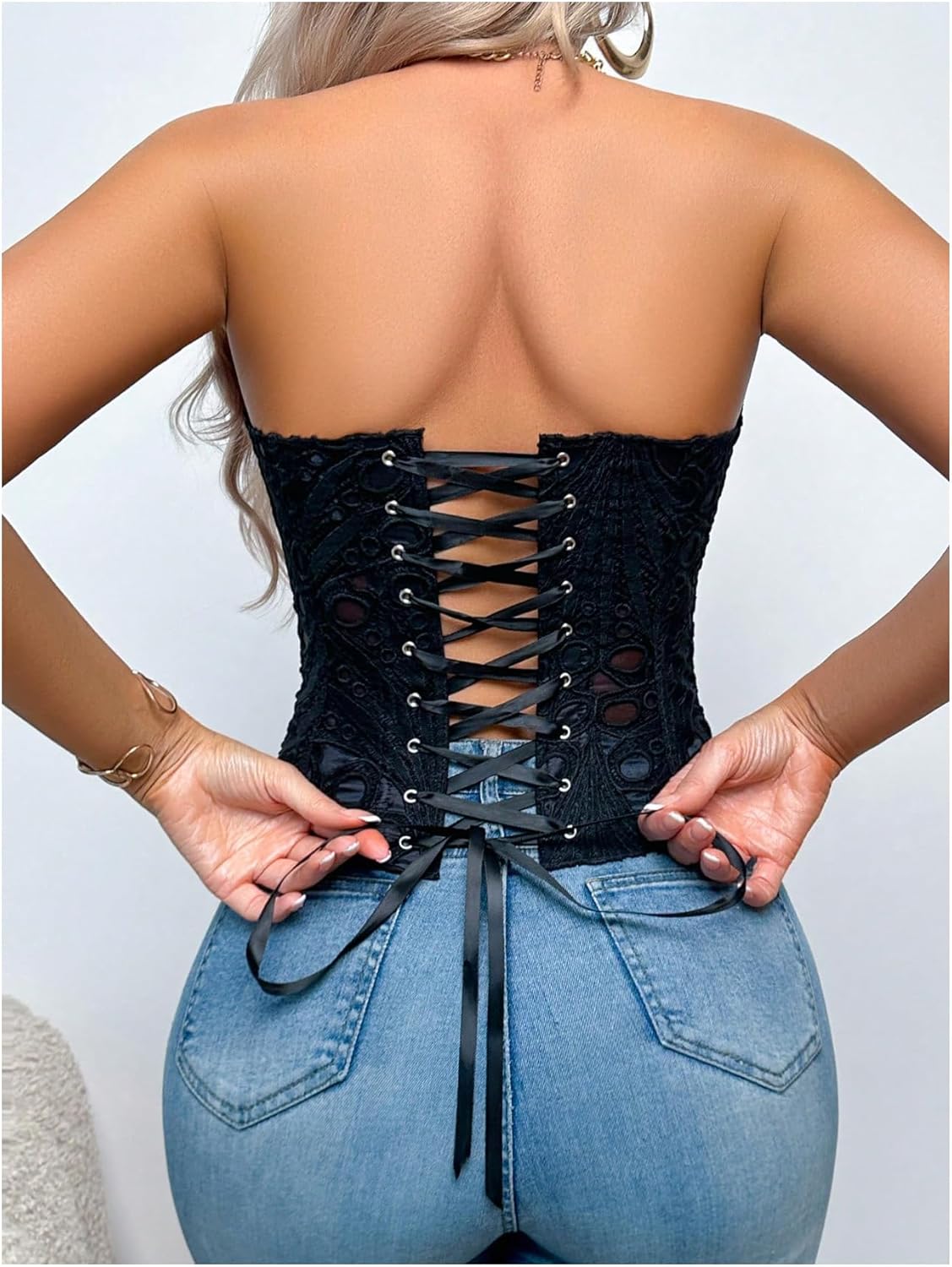 SHENHE Women's Strapless Corset Bustier Top Lace Up Overbust Corset Shapewear Body Shaper - Image 2