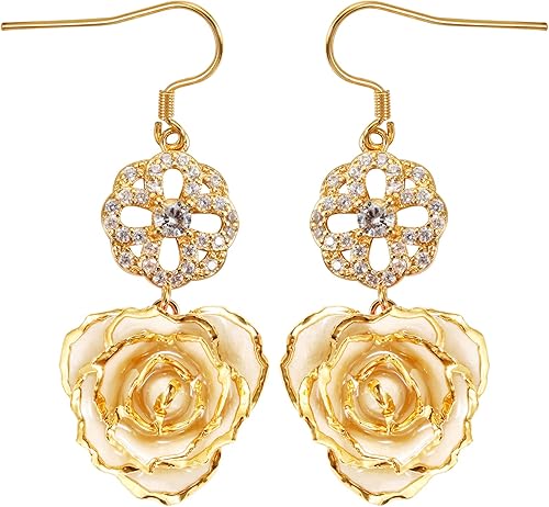 Aretes de rosa sumergida de oro de 24 quilates para mujeres y niñas, aretes de rosa bañada en oro de moda, el mejor regalo para novia, esposa,