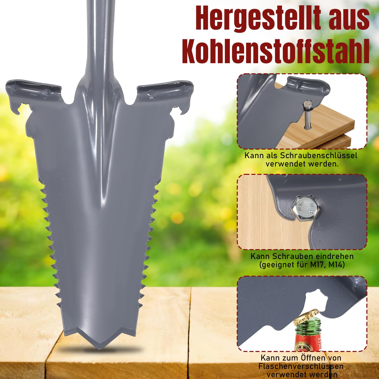 Spaten mit Wurzelsäge, Wurzelspaten mit Breite Trittkante und ergonomischem Griff, 114cm Wurzelspaten schneidet Wurzeln effektiv, V-förmiger Wurzelspaten für effektives Bodeneinbringen