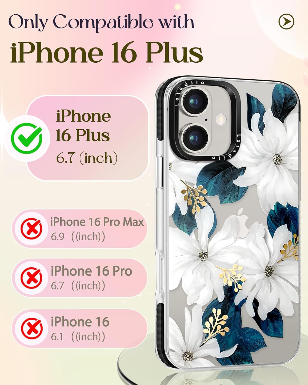 Case for iPhone 16 Plus Case Compatible with Magsafe Ring Holder Stand - for Women Blue Flower Design TPU Phone Cover for Girls Girly Funny Fashion - Image 2
