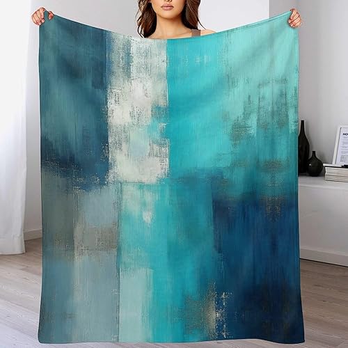 Miniatura 3 de Manta de franela de forro polar turquesa con pintura de arte abstracto, ligera, suave, mullida, acogedora, para sofá, cama, decoración de otoño e