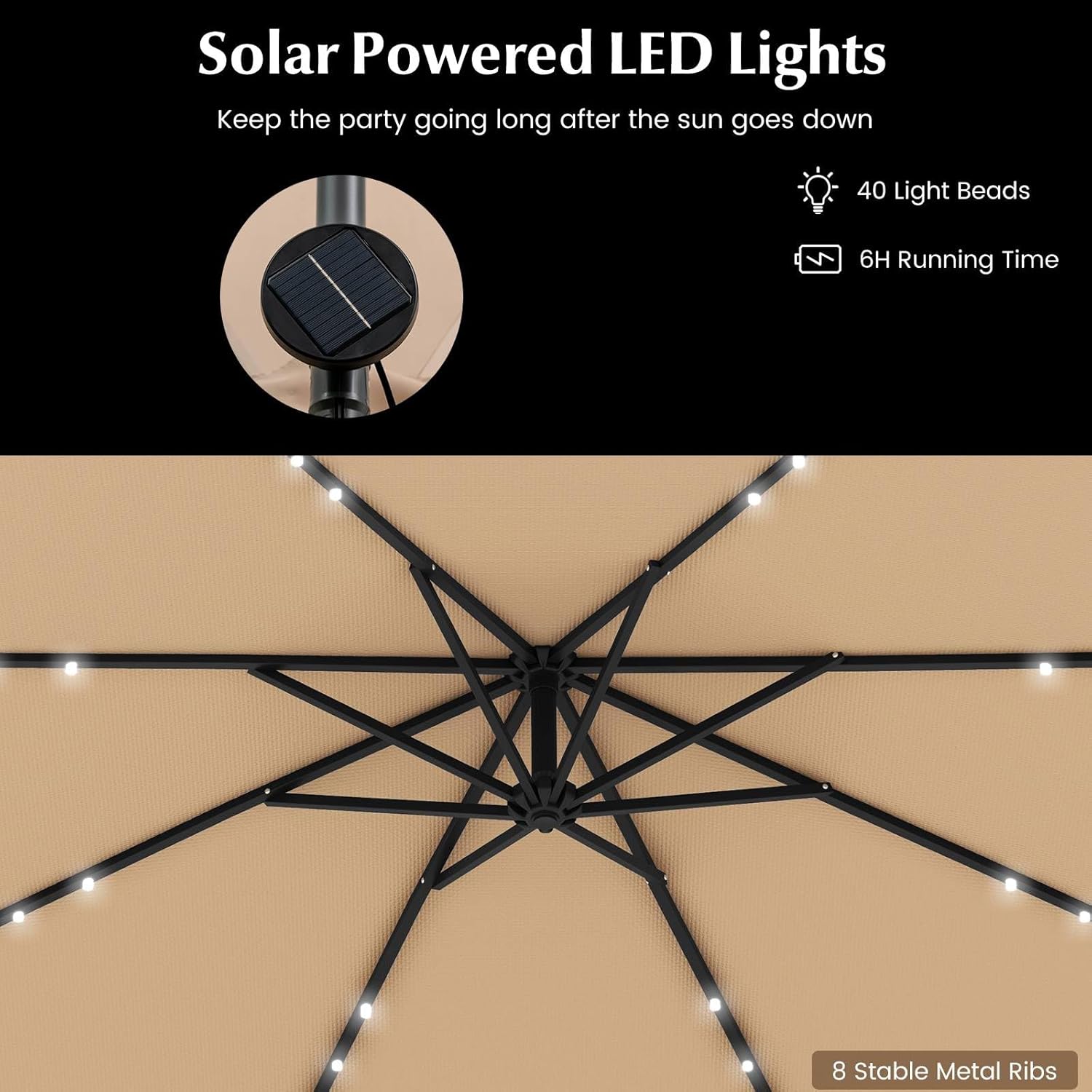 TANGZON 3m Cantilever Garden Parasol, Heavy Duty Offset Patio Umbrella with 40 LED Lights, Sand Bag & Solar Panel Batteries, Outdoor Square Hanging Sun Shade Roma Umbrella