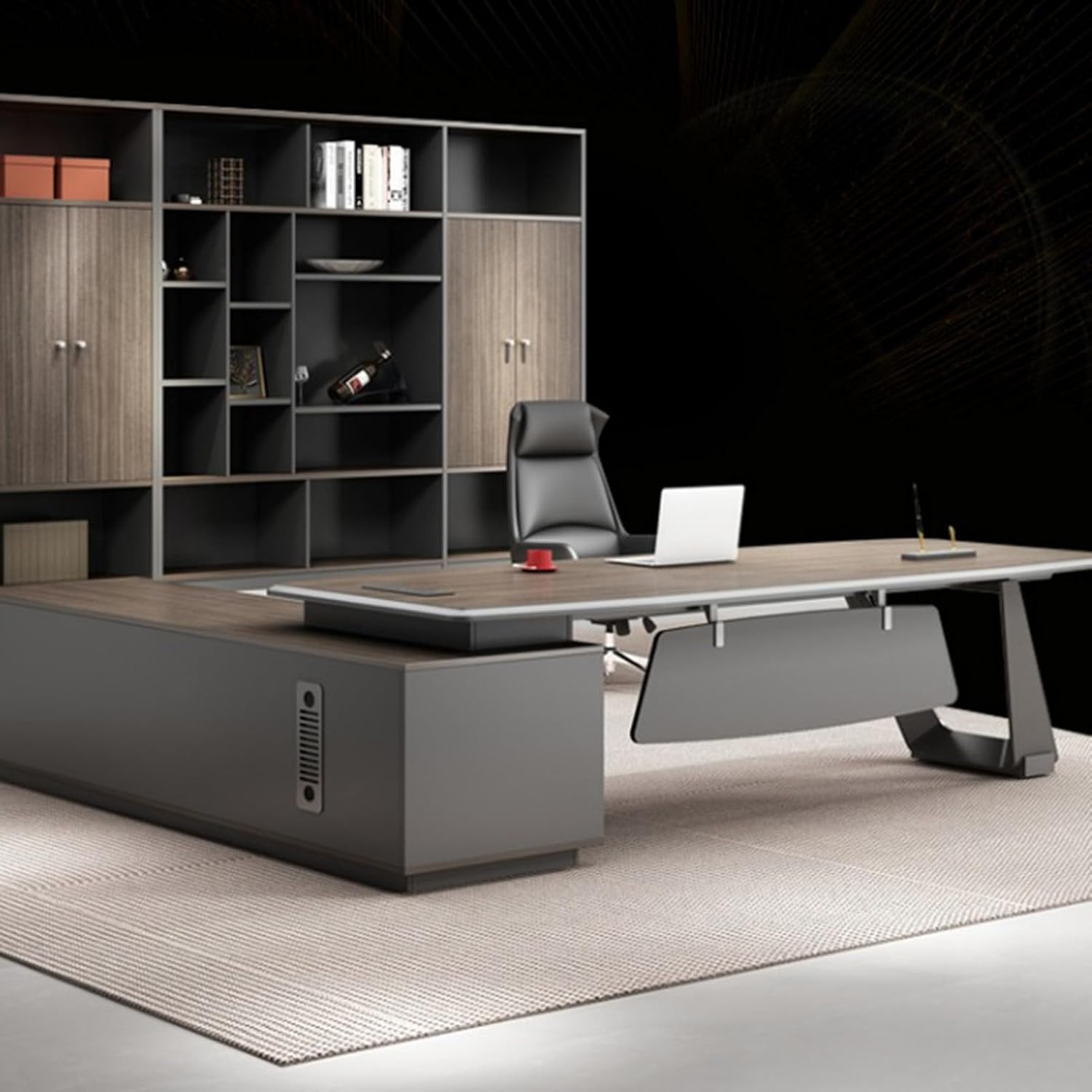 L-Shaped Minimalist Style Computer Desk Executive Office Desk with Lateral Cabinet Writing Study Table Business Furniture Set for CEO Boss