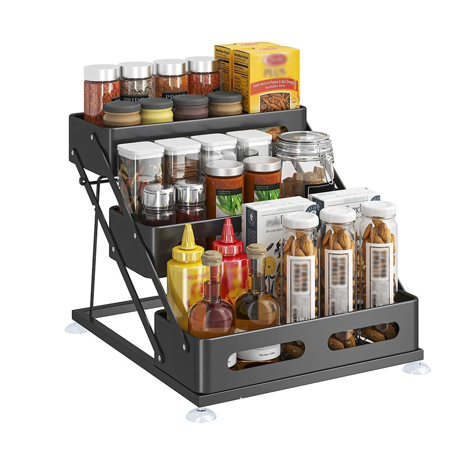Zambuph Spice Rack For Countertop And Kitchen Cabinet Organizer 3 Tier Foldable Kitchen Organizers And Storage 3 Tier Spice Rack, black, Height adjustable