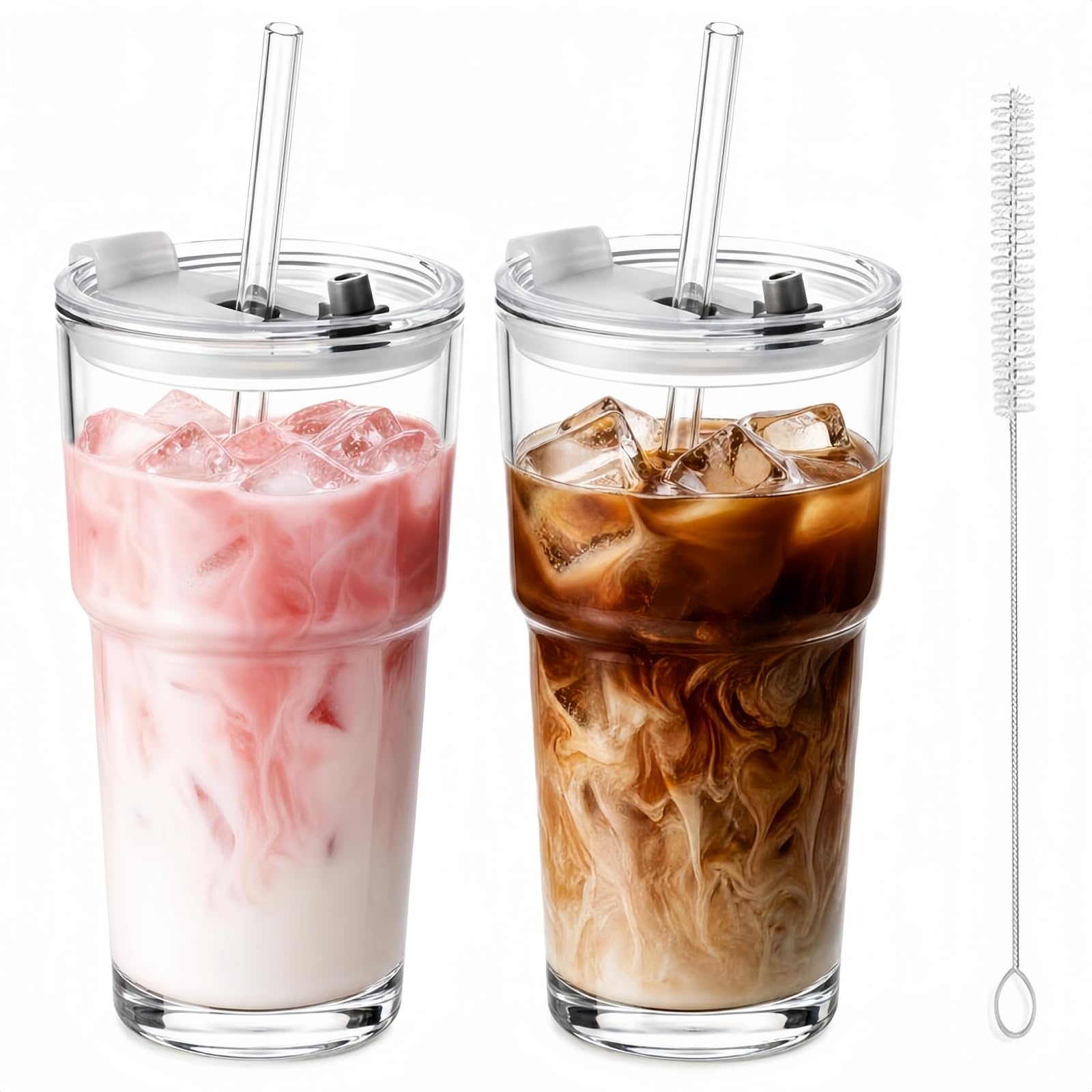2 Pack -600ml Clear Glass Cup with Lids and Straws, Reusable Iced Coffee Cup Tumbler, Iced Coffee Cup Tumbler, Leakproof Glass Cups, for Iced Coffee, Cocktail, Tea, Iced Latte, Matcha (2Pack-600ml)