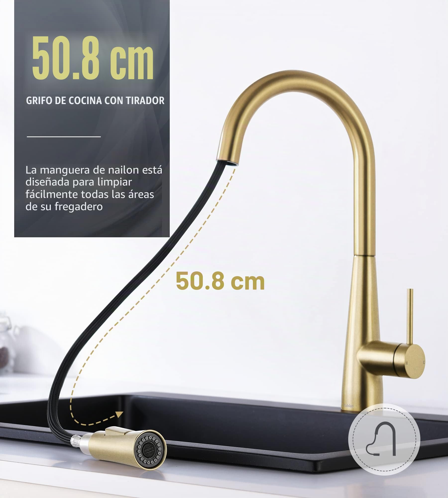 Tohlar Grifo de cocina dorado con rociador extraíble, grifo mezclador de acero inoxidable en acabado dorado cepillado