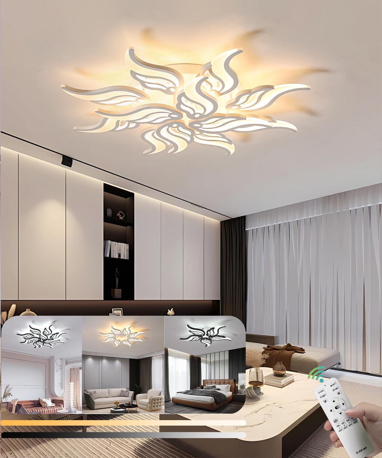 Modern Ceiling Light Dimmable Living Room LED Ceiling Lamp with Remote Control 72W Fancy Ceiling Light Fashions Acrylic Pendant Lamp for Bedroom Dining Room Office (White, 12heads)