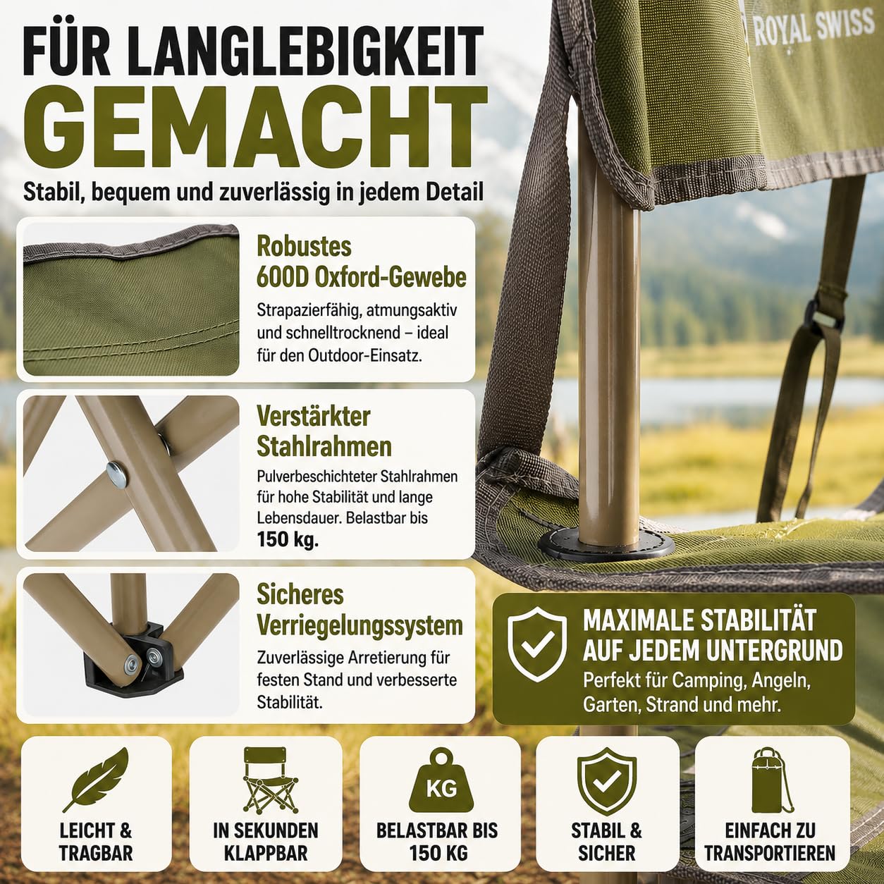 ROYAL SWISS 6 Stück Campingstuhl klappbar mit Getränkehalter & Tragetasche – Leichter Faltstuhl für Erwachsene, Camping, Angeln, Festival, Picknick, Strand und Sportevents