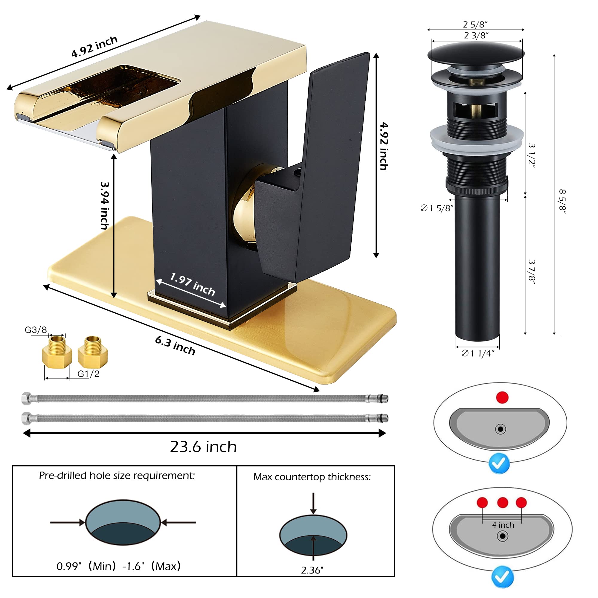 Rubinetto per bagno a foro singolo con maniglia, cascata a LED, beccuccio aperto, nero e oro, moderno, in ottone, per lavabo, 3 fori, lavabo da 4 pollici, con tappo di scarico a scomparsa e troppopi
