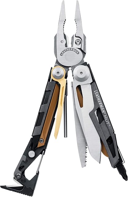 Leatherman Mut - Military Multi-Tool with Bronze Carbon Scraper, with a Total of 16 Built-in Tools, Made in USA, Stainless Steel Finish with a Brown Molle Holster