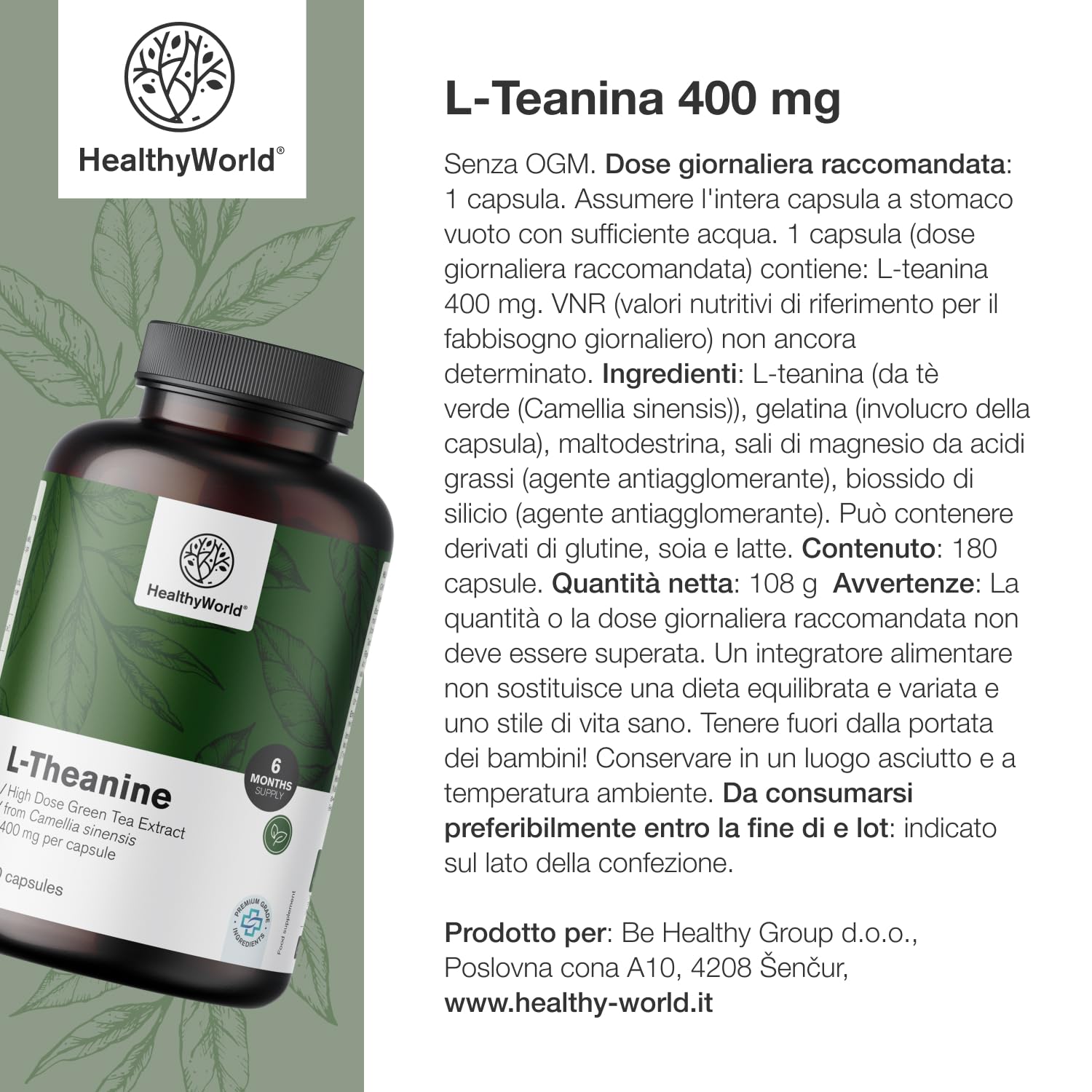 HealthyWorld L-Teanina 400 mg - 180 Capsule - Estratto di tè verde - Alta concentrazione - Aminoacido efficace - Supporto naturale per l'organismo - Vegetariano e non OGM
