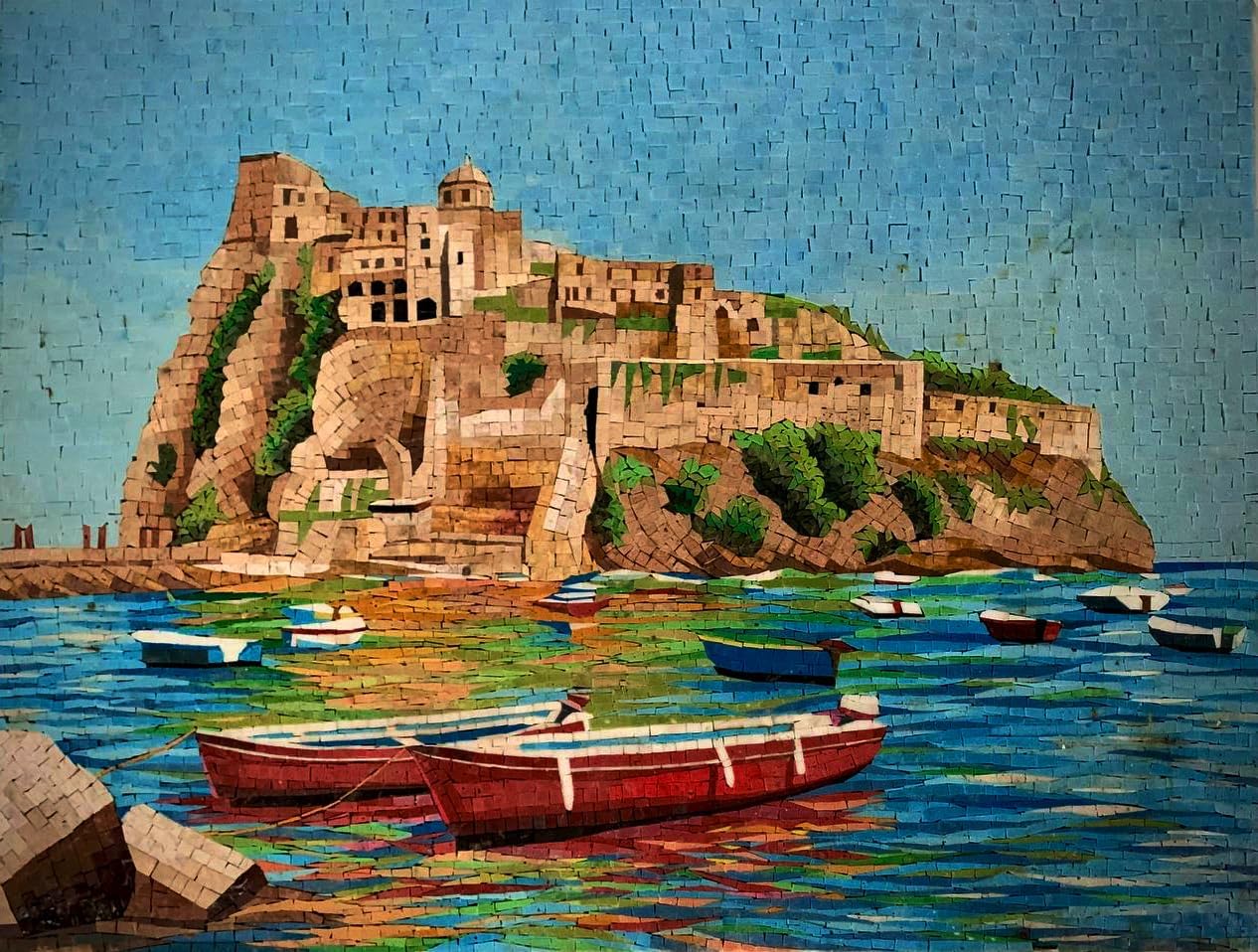 Handmade Mediterranean Coastal Marble Mosaic Wall Art, Ocean-Inspired Stone Mosaic Artwork, Hand-Cut Contemporary Coastal Wall Décor