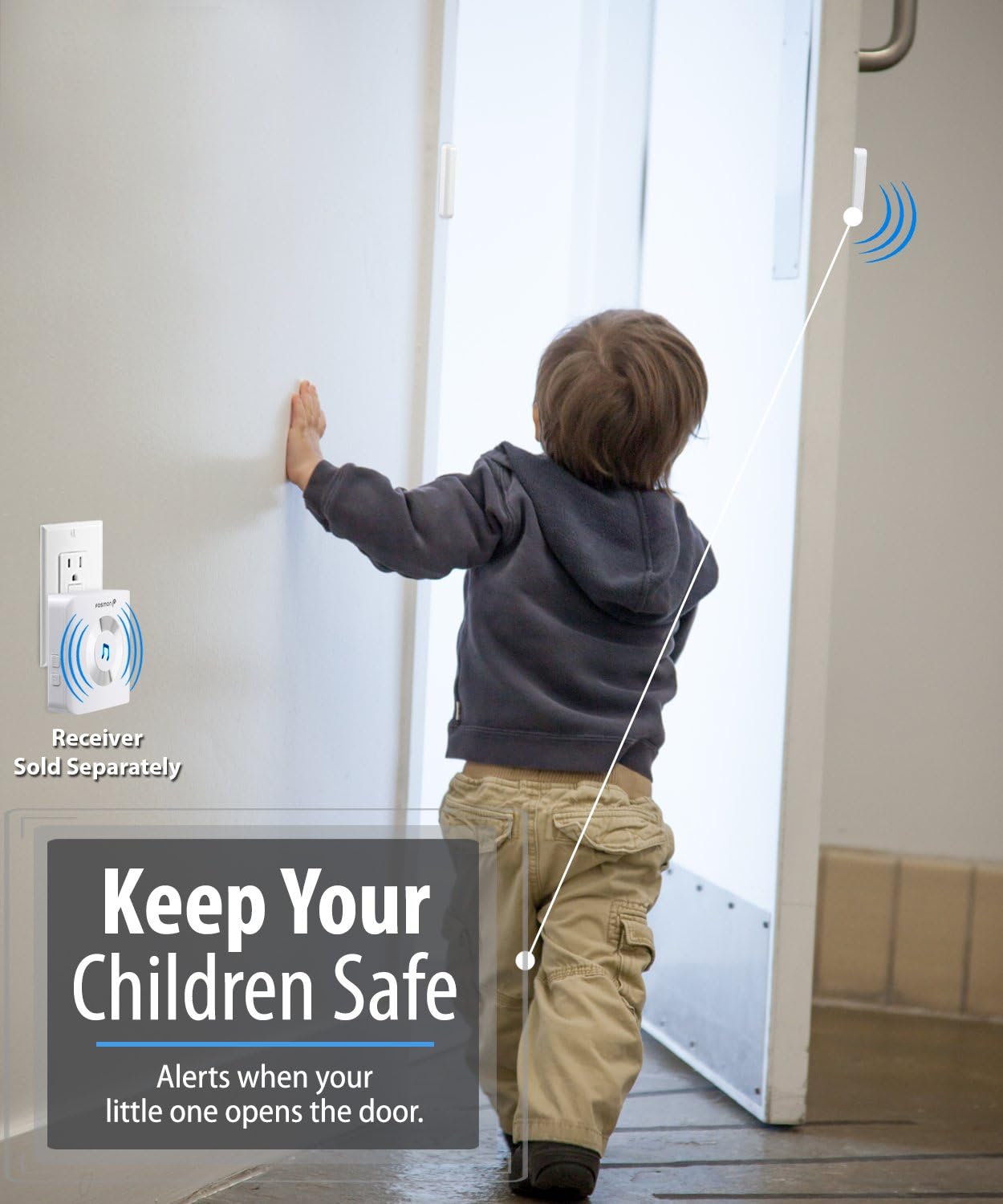 A child opening a door with a Fosmon sensor installed, and a receiver plugged into a wall outlet