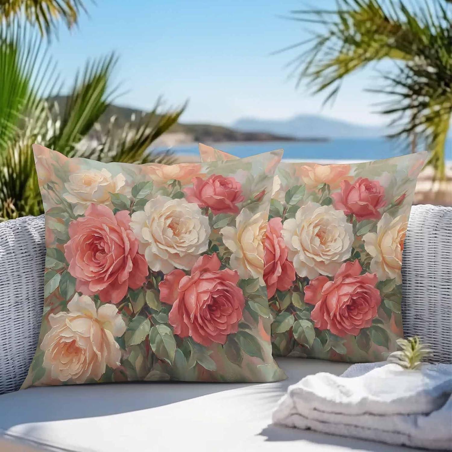 Pastoral Flowers Outdoor Waterproof Throw Pillow Covers 18x18 Set of 2, Vintage Roses Romantic Spring Floral Decorative Pillowcases Cushion Pillowcase for Couch Sofa Patio Outside Pillow Protector