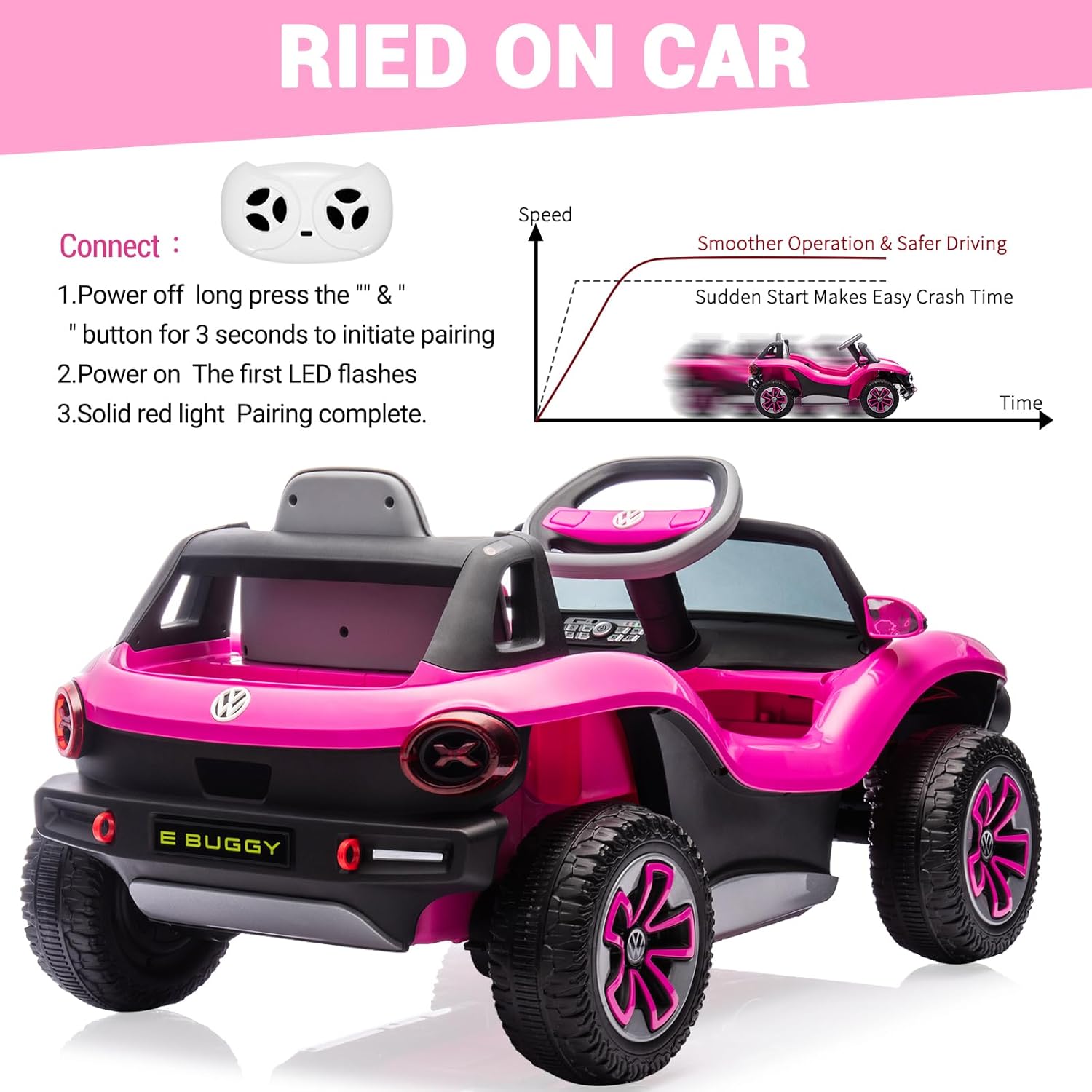 GarveeLife 12V Kids Ride On Car Licensed Volkswagen Beetle Electric Ride On Toy for Toddlers 4 Wheeler Vehicle with Parental Remote, Battery Level Display, LED Lights, USB, Horn, Music, Pink