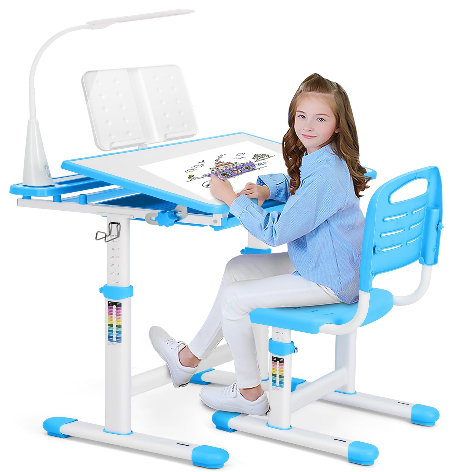 Artist hand Kids Study Desk and Chair Set Height Adjustable Children School Girl Table Large Writing Board Desk with LED Lamp Pull Out Drawer Pencil Case Bookstand (Blue-1, 26" x 19")