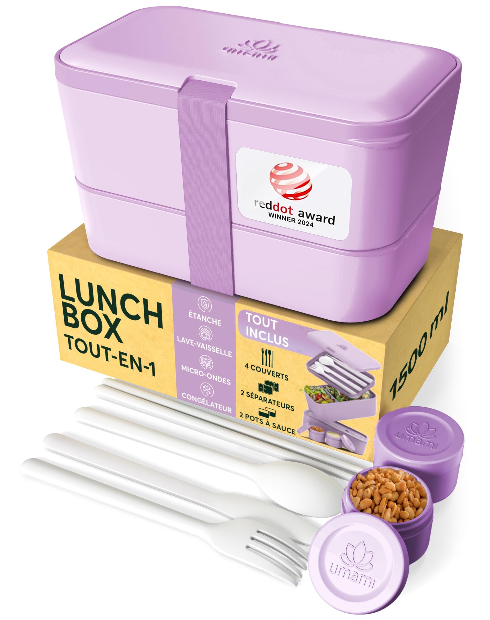 Umami Bento Lunch Box, Couverts & 2 Pots à Sauce Inclus, Boîte Repas Encastrable, Lunchbox Micro-Ondable, Boîte à Lunch Adulte Compartimentée, Bento Box, Violet Lavande, 1500 ml