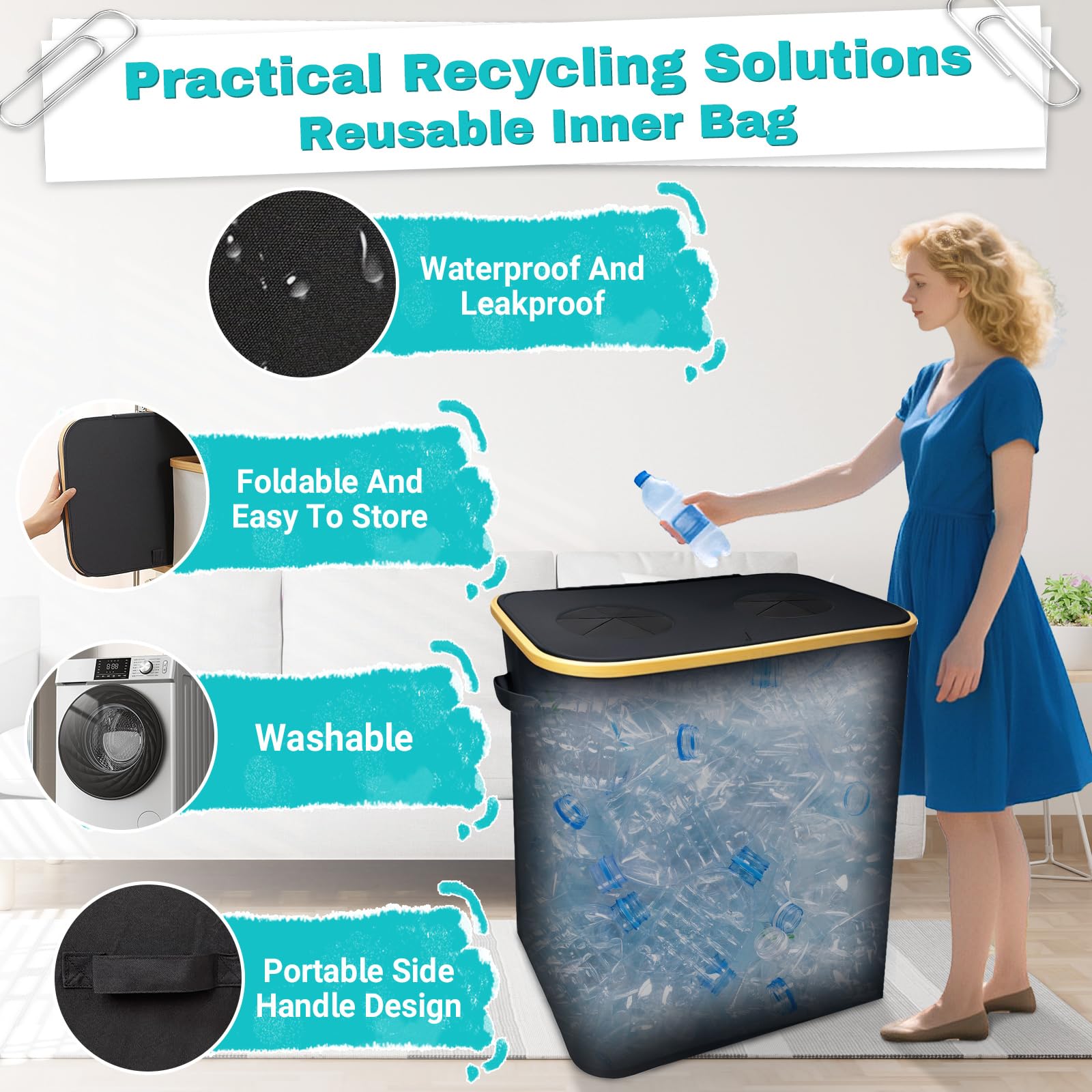 140l Xl Contenedores De Reciclaje Cubos Reciclaje Con 2 Bolsas De Transporte Recolector De Botellas Reutilizable Basura Reciclaje Colector De Botellas Cestos Para La Colada Plegables Cesto Ropa Sucia