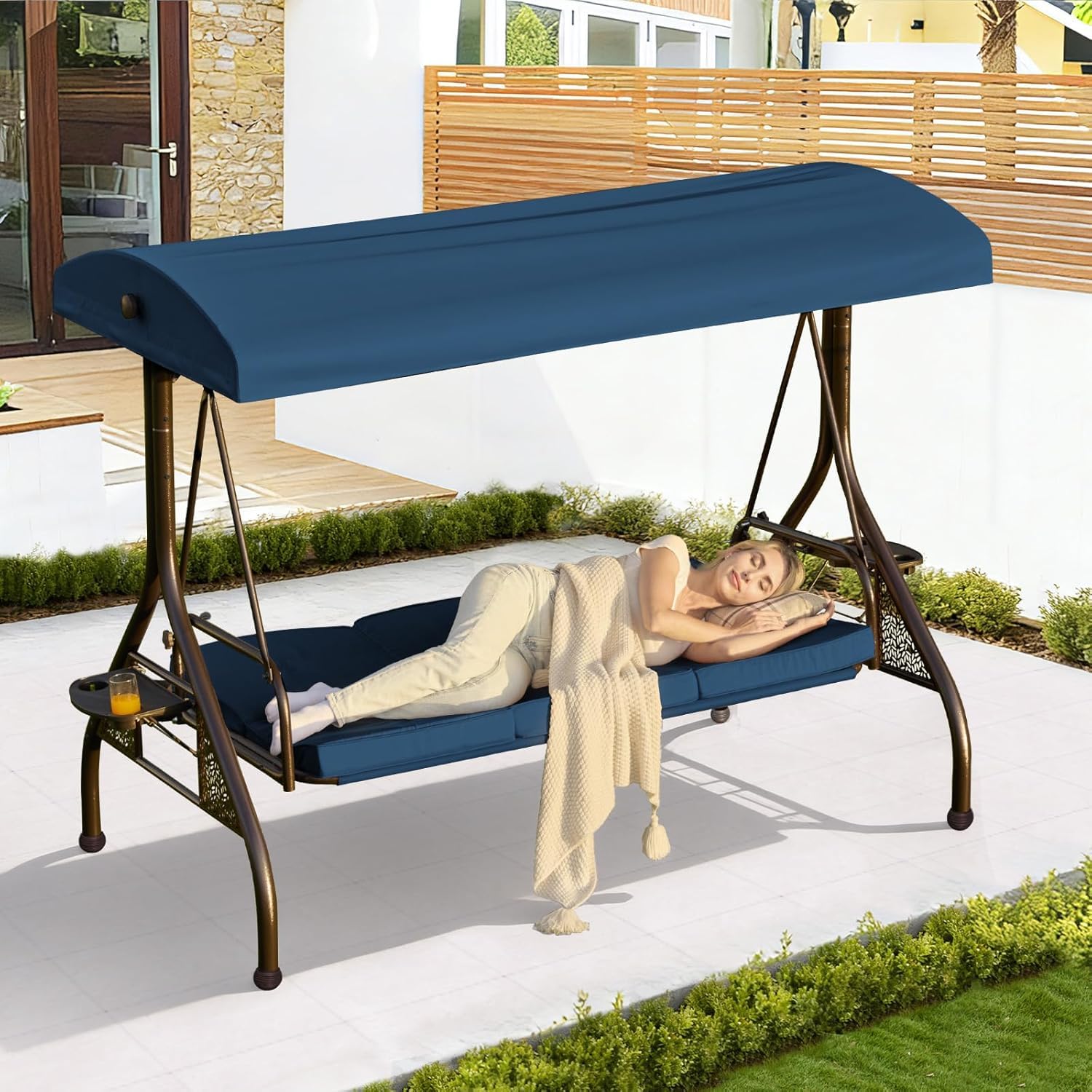 Condition photo showing Good Condition for garvee 3-seat outdoor convertible swing glider with adjustable canopy, 2-in-1 bench to flat bed, removable cushions, heavy-duty metal frame, 750 lbs weight capacity for patio, backyard, porch, garden, blue