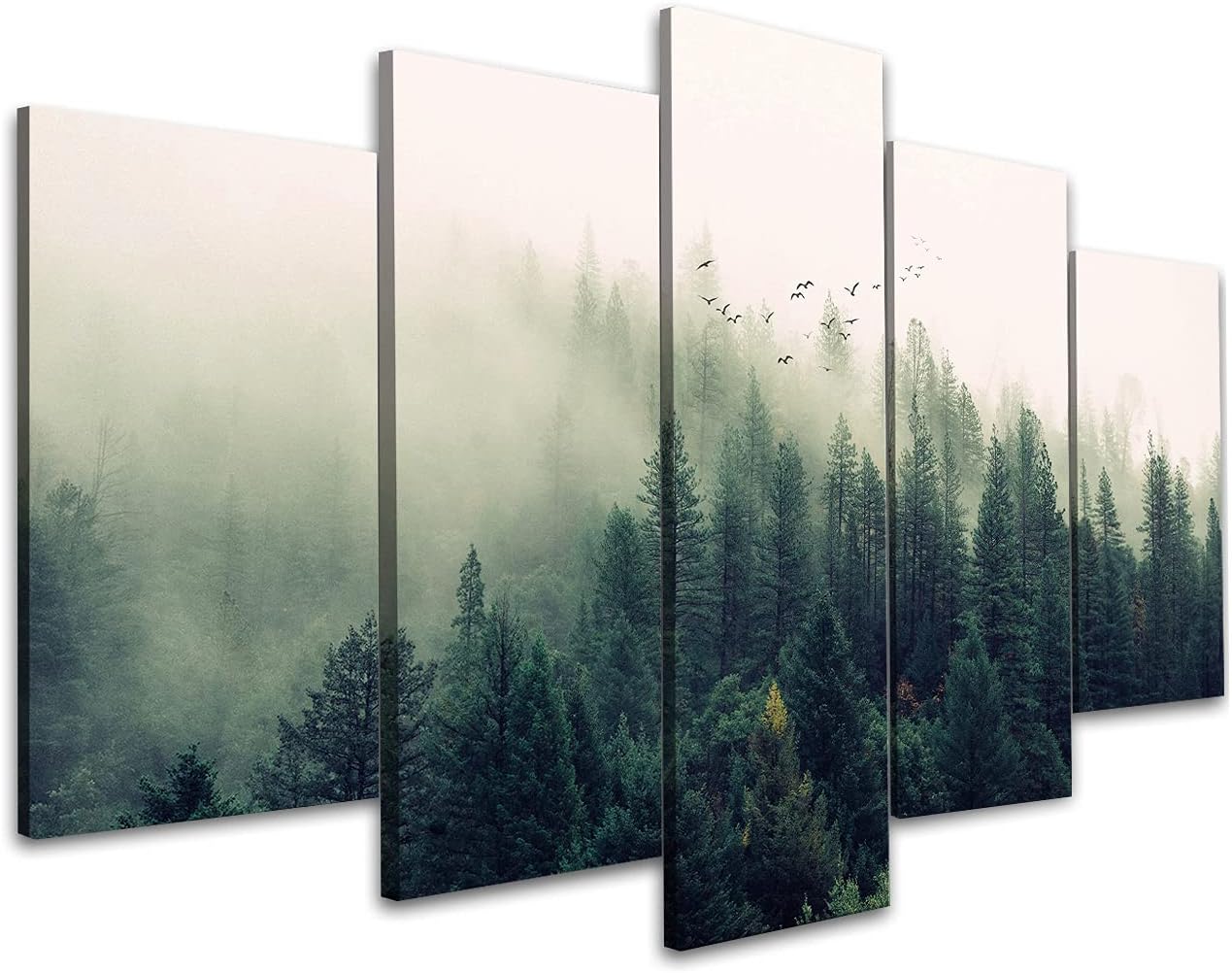 5 Panel Canvas Pine Forest Wall Art for Living Room - Print Forest in the Mist Landscape Pictures Stretched on Framed Ready to Hang
