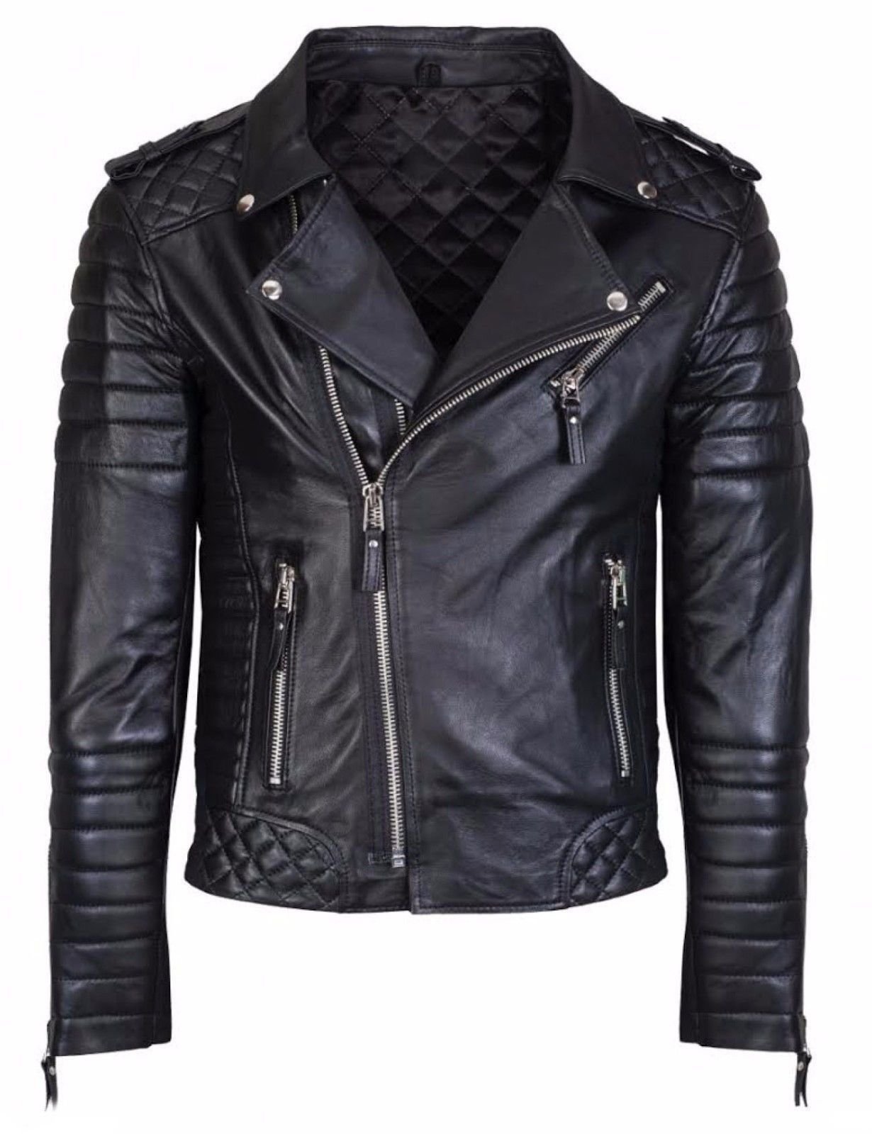 Fashion_first Men's Black Diamond Brando Motorbike Quilted Leather Jacket - Brando Biker Motorcycle Jacket