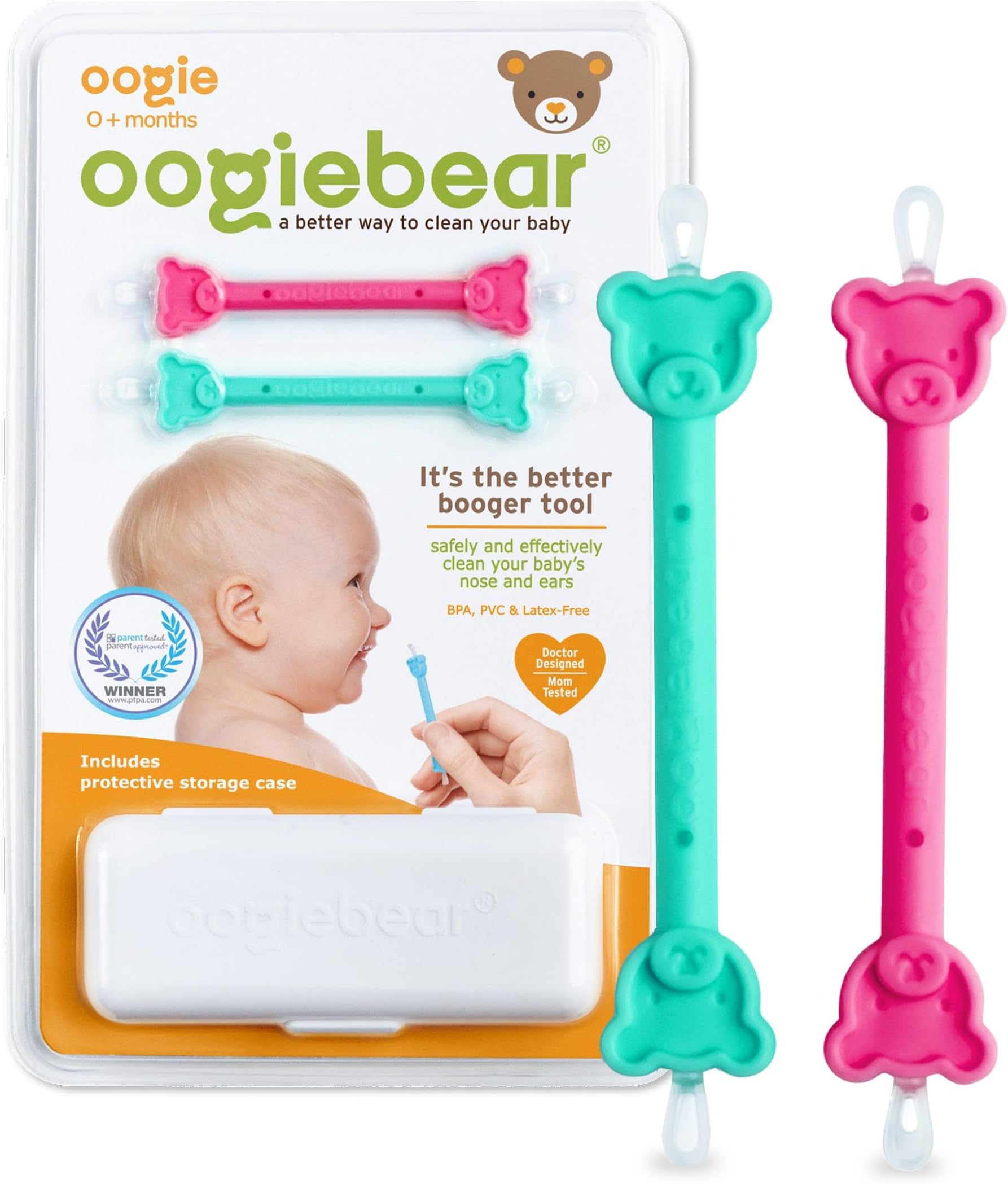 oogiebear - Nose and Ear Gadget. Safe, Easy Nasal Booger and Ear Cleaner for Newborns and Infants. Dual Earwax and Snot Remover - 2 Pack with case - Raspberry and Seafoam