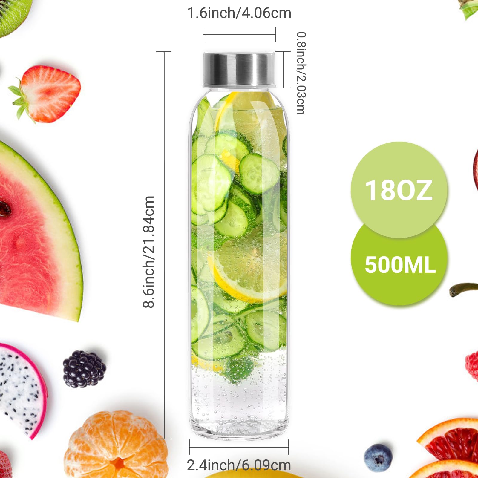 Botellas de agua de vidrio de 500 ml con tapas de metal, paquete de 6 botellas de jugo transparentes vacías con cepillo de limpieza para agua, kombucha, vino, elaboración de cerveza, batidos,