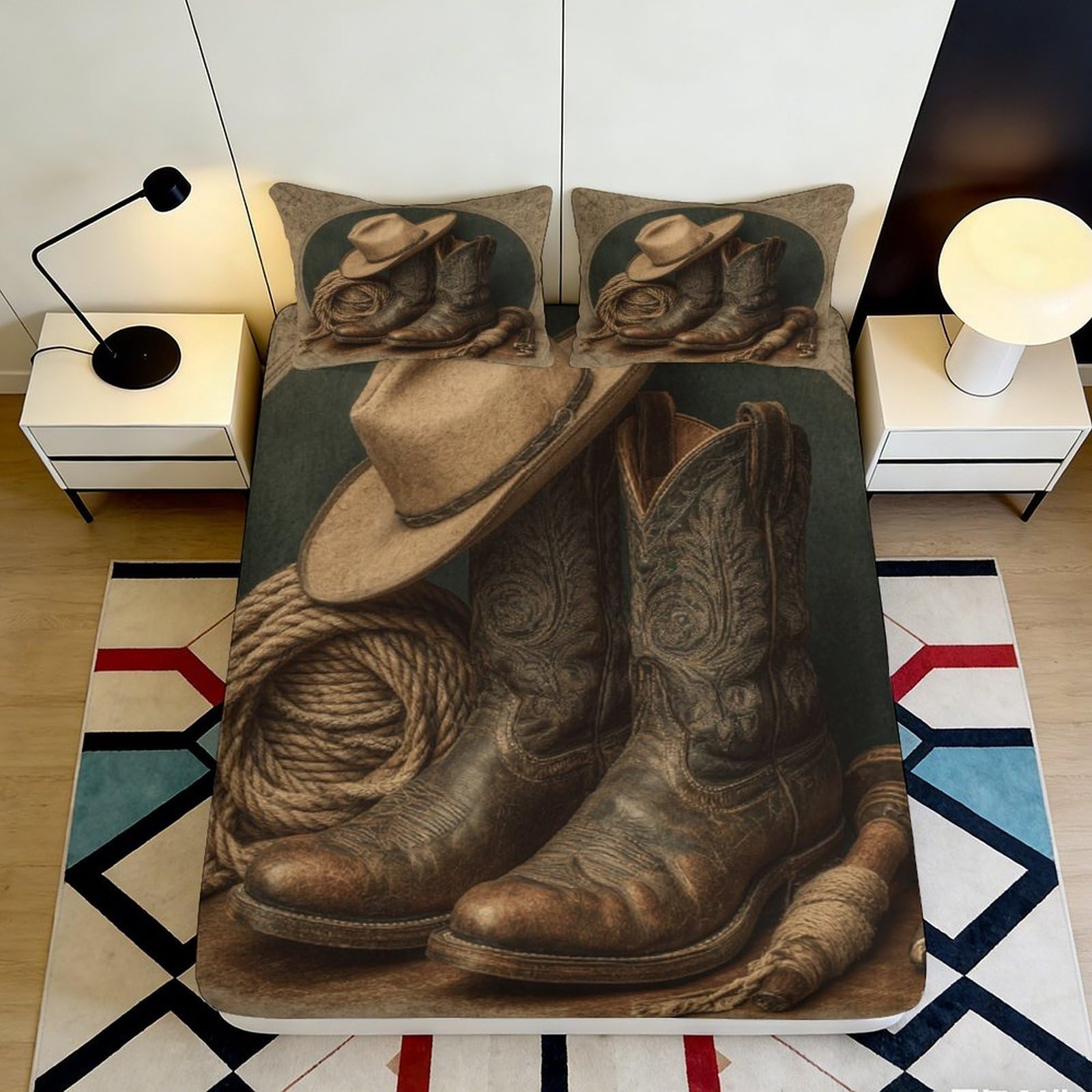 3D Printed Cowboy Boots Fitted Sheet Microfiber Soft Breathable Western Hat Bed Sheet for Bedroom Dorm Decor 90x200x25cm