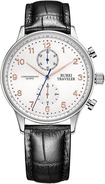 BUREI Classico Cronografo orologo da polso, Cinturino in pelle Nero, Numeri  Romani e Arabi, 42 mm grande cassa (Bianco+Arabo+oro rosa) : Amazon.it:  Orologi