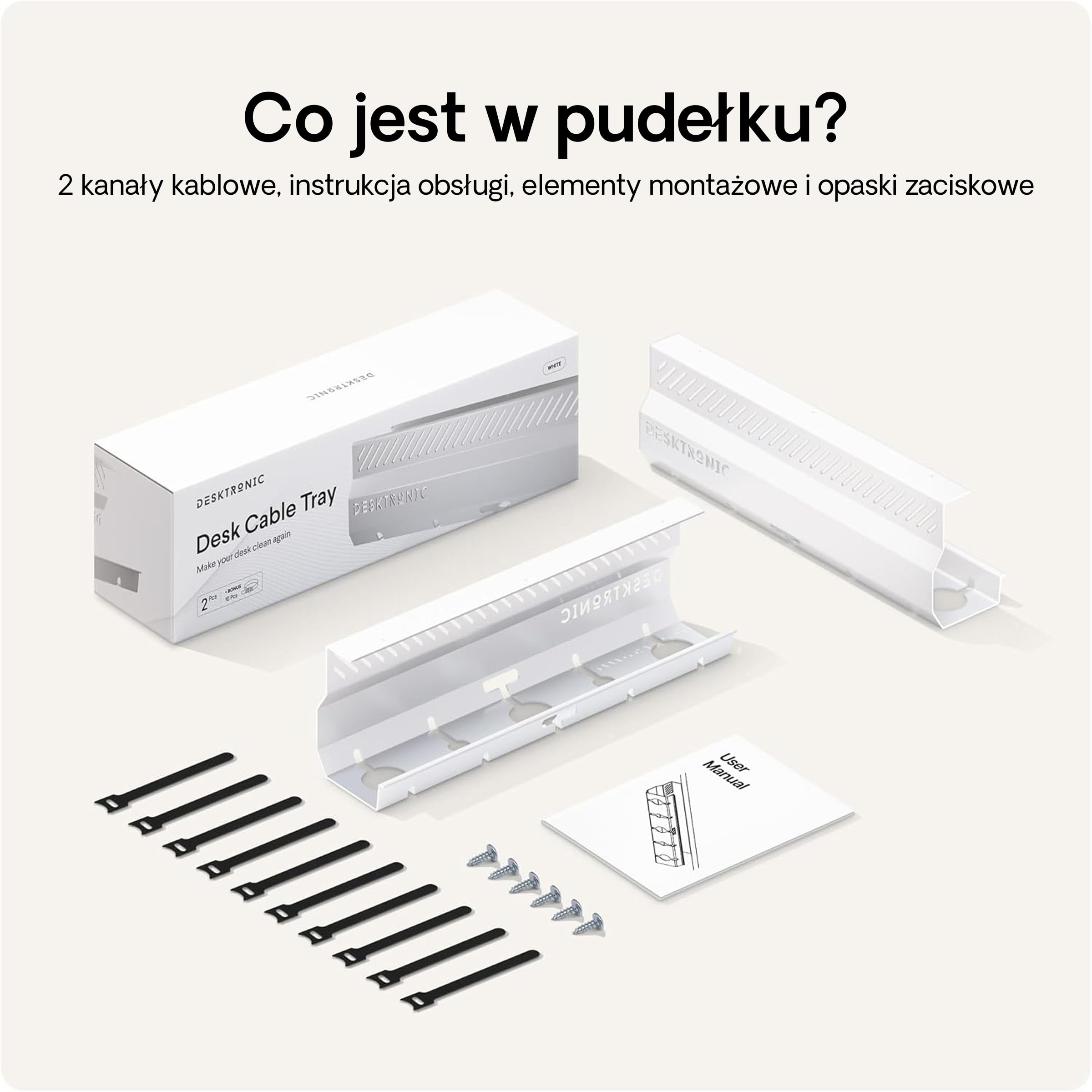 Organizer kablowy, biały, zestaw 2 szt. – stal nierdzewna, do zarządzania kablami, kanał kablowy z 5 otworami na kable – łatwy w montażu organizer – uchwyt na kable Desktronic