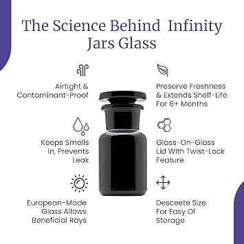 Infinity Jars 50 ml (1.69 fl oz) Black Ultraviolet Blocking Glass Apothecary Jar Airtight SmellProof Refillable Container for Herbs, Spices, Tea & Essential Oils