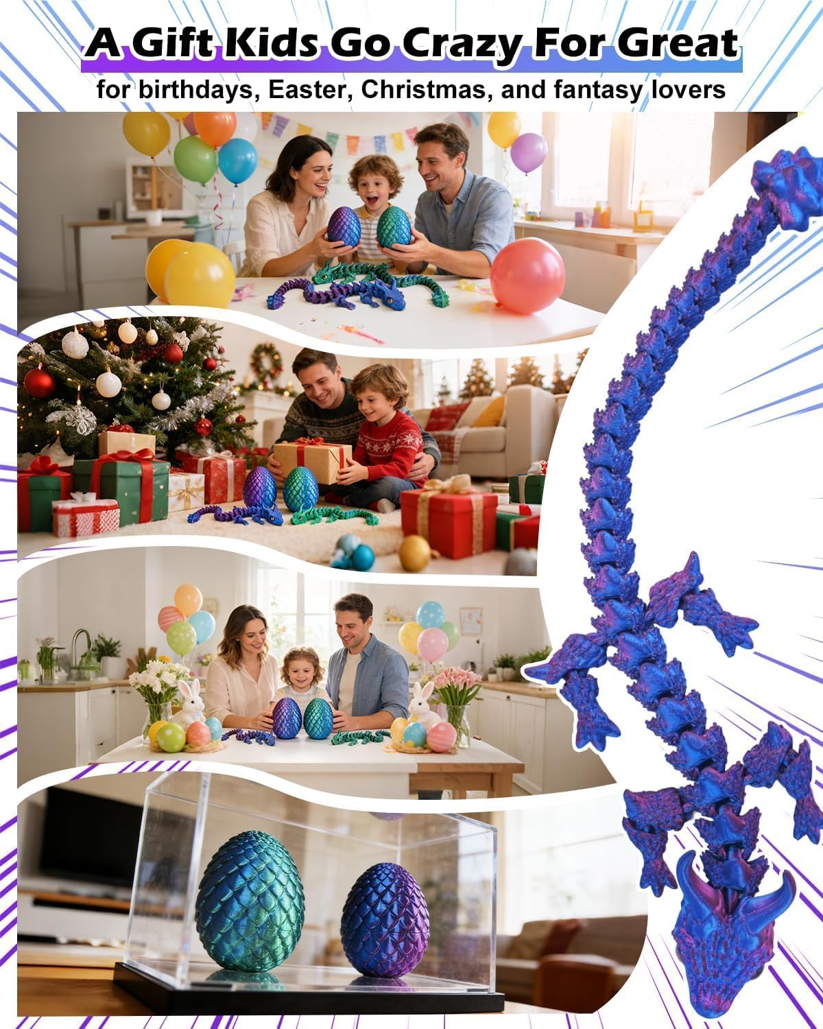 CloudValley 12'' 3D Printed Dragon Fidget Toy, 2 Pack Large Articulated Dragon Figurine, Flexible Stress Relief Toy for Kids Adults, Desk Office Decor Sensory Toy, Purple & Green(Includes Dragon Eggs)
