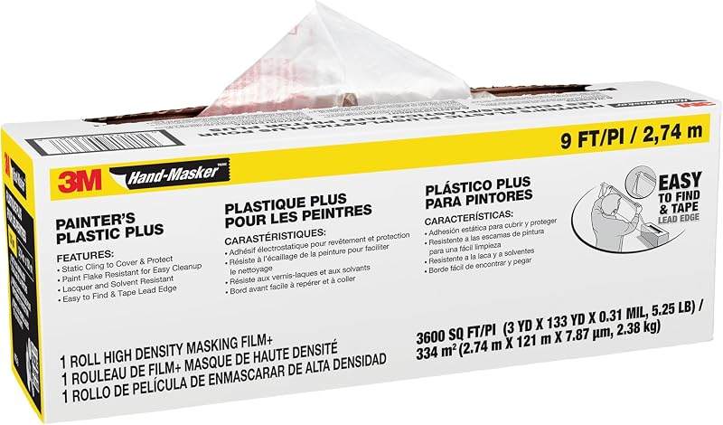 3M Hand-Masker Painter's Plastic Plus, 9 x 400 pies, MFB-9 | Película de enmascaramiento, protege la superficie de salpicaduras de pintura, goteos, neblina o aerosol de rodillo, resistente a lacas y solventes