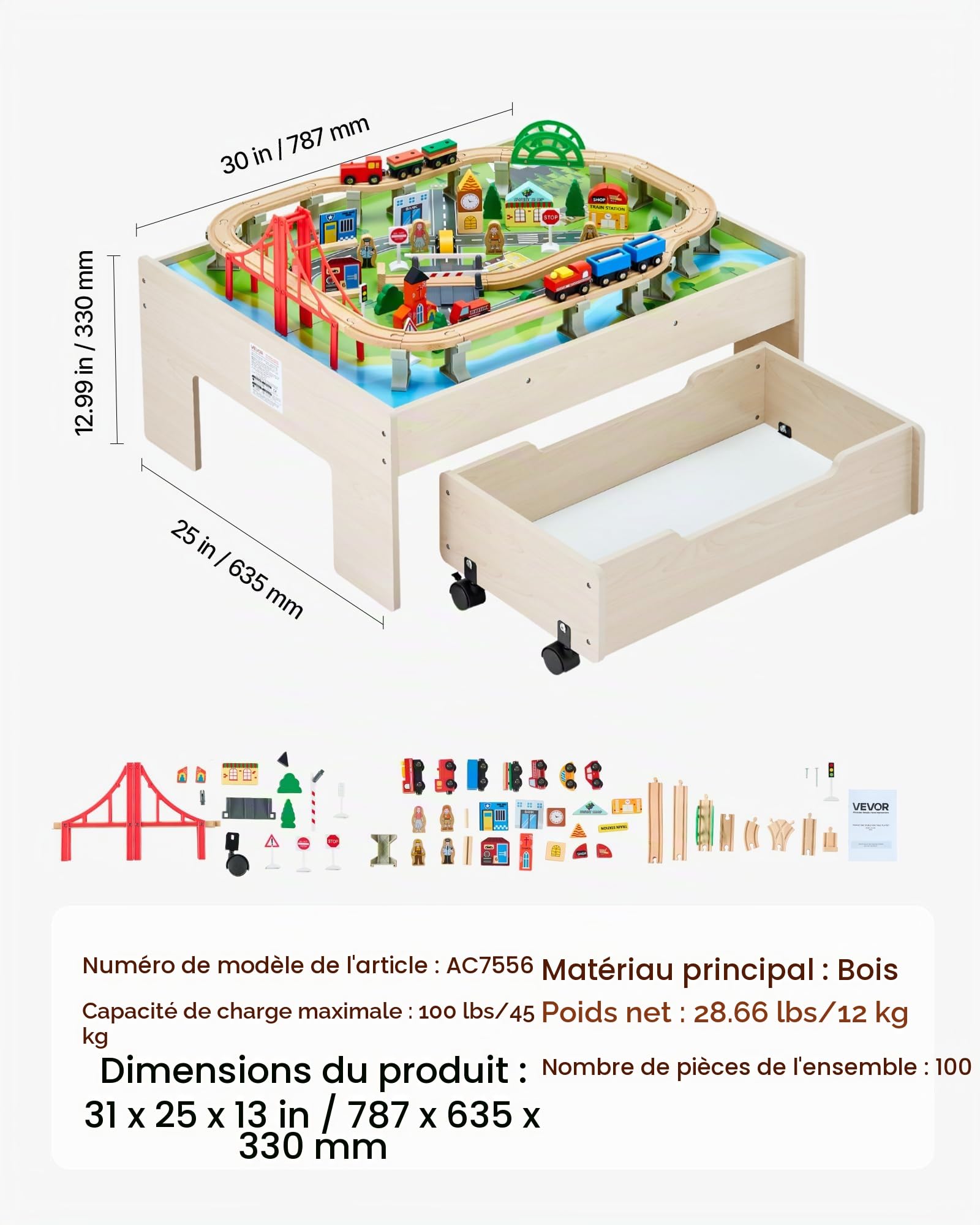 VEVOR Table Circuit Train Bois, 100 PCS, avec Rail de Train, Tiroir Rangement Roulant, Table Activités 3 en 1 Double Face pour Jouer, Dessiner, Lire, Manger, Jouets Créatifs pour Enfants 3 Ans et Plus