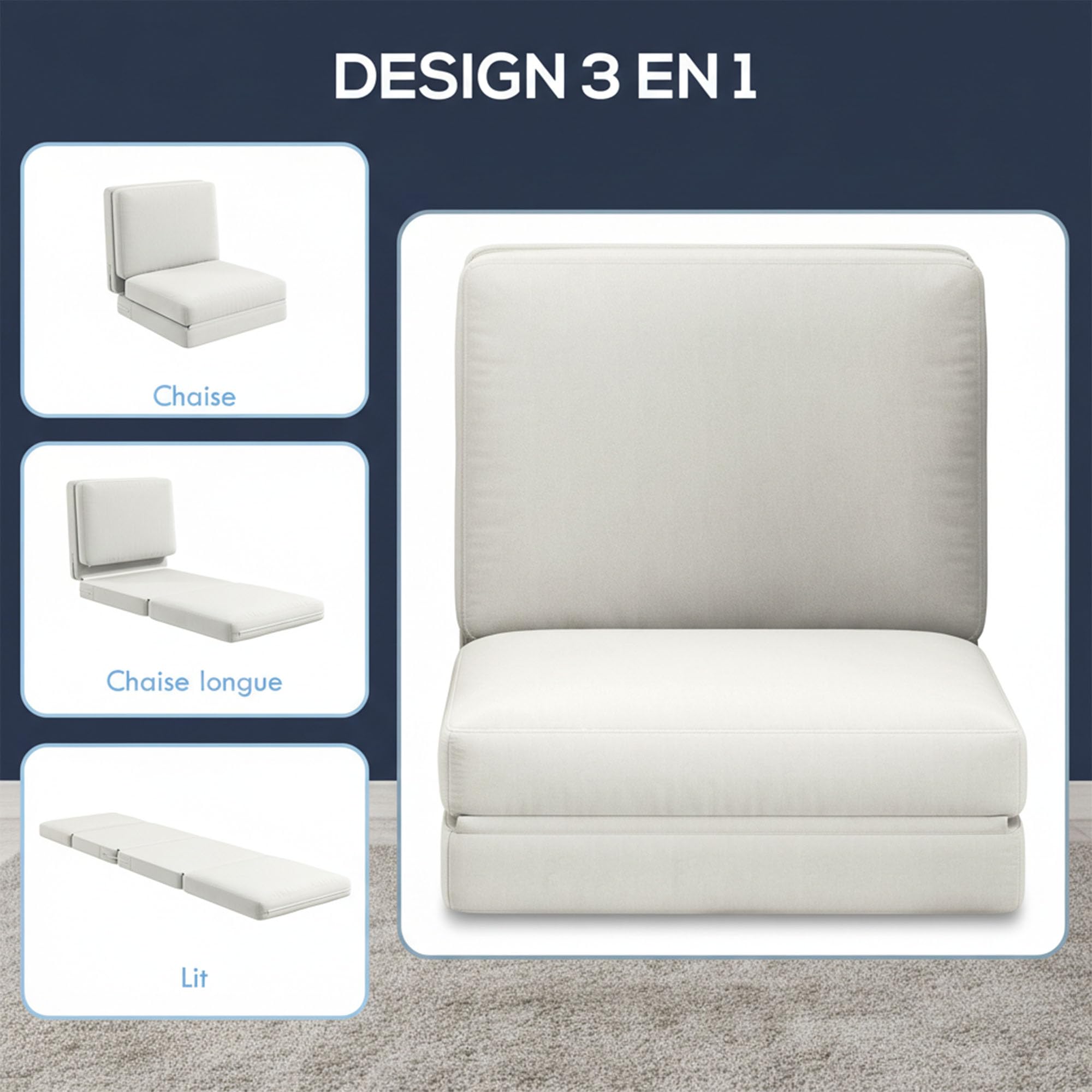 HOMCOM Canapé Convertible 1 Place en Velours Pliable Fauteuil Paresseux chauffeuse canapé-lit pour invités Salon, capacité 240 kg, 75 x 268 x 18 cm, crème