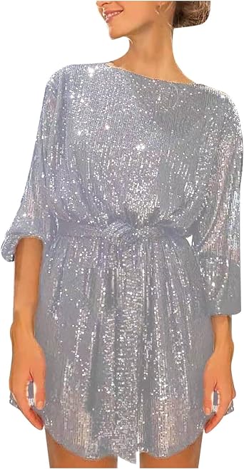 hlysgo Womens Long Sleeve Dress Sparkly Glitter Sequin Mini Dress Casual Loose Fit Tie-Belt Formal Dress Evening Ball Gowns